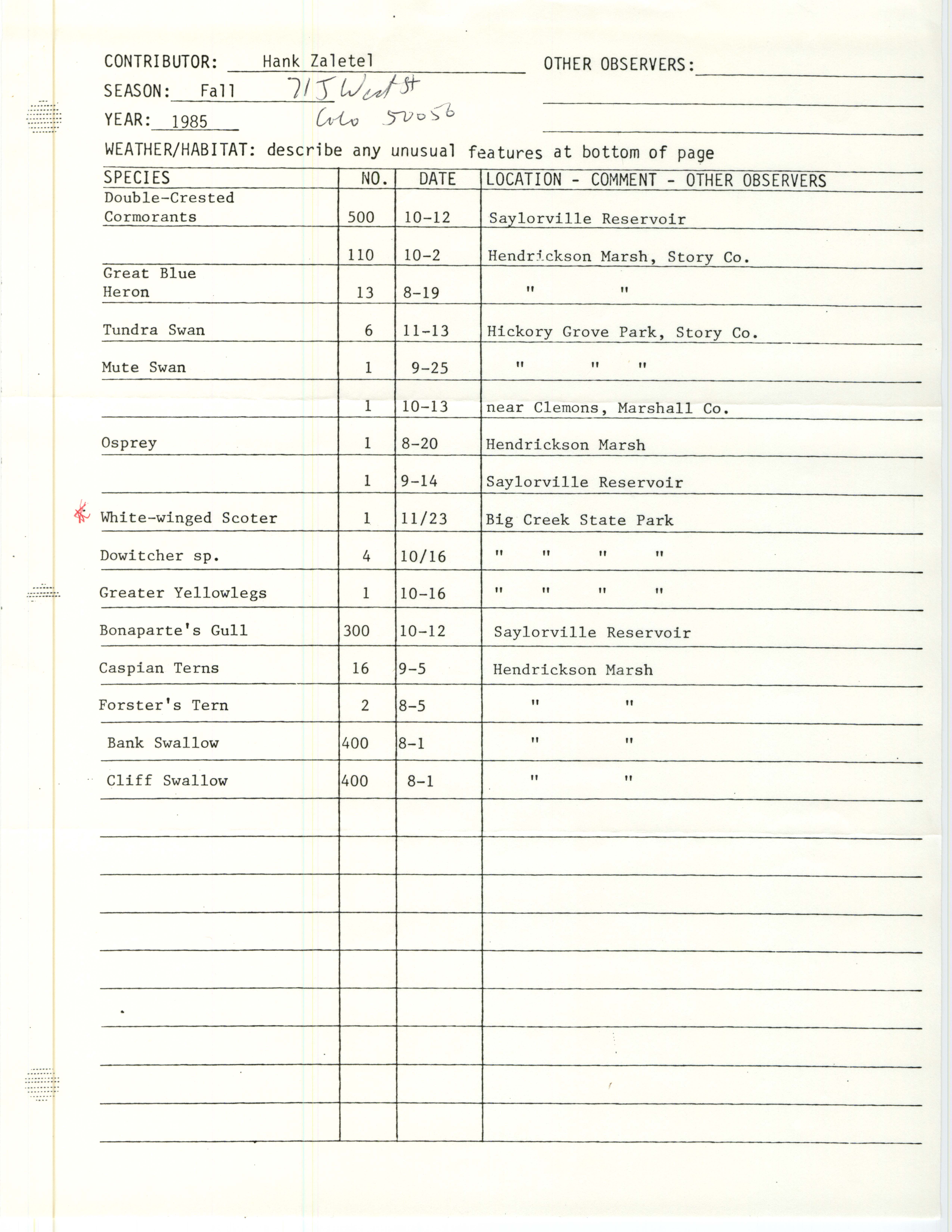 Annotated bird sighting list for Fall 1985 compiled by Hank Zaletel