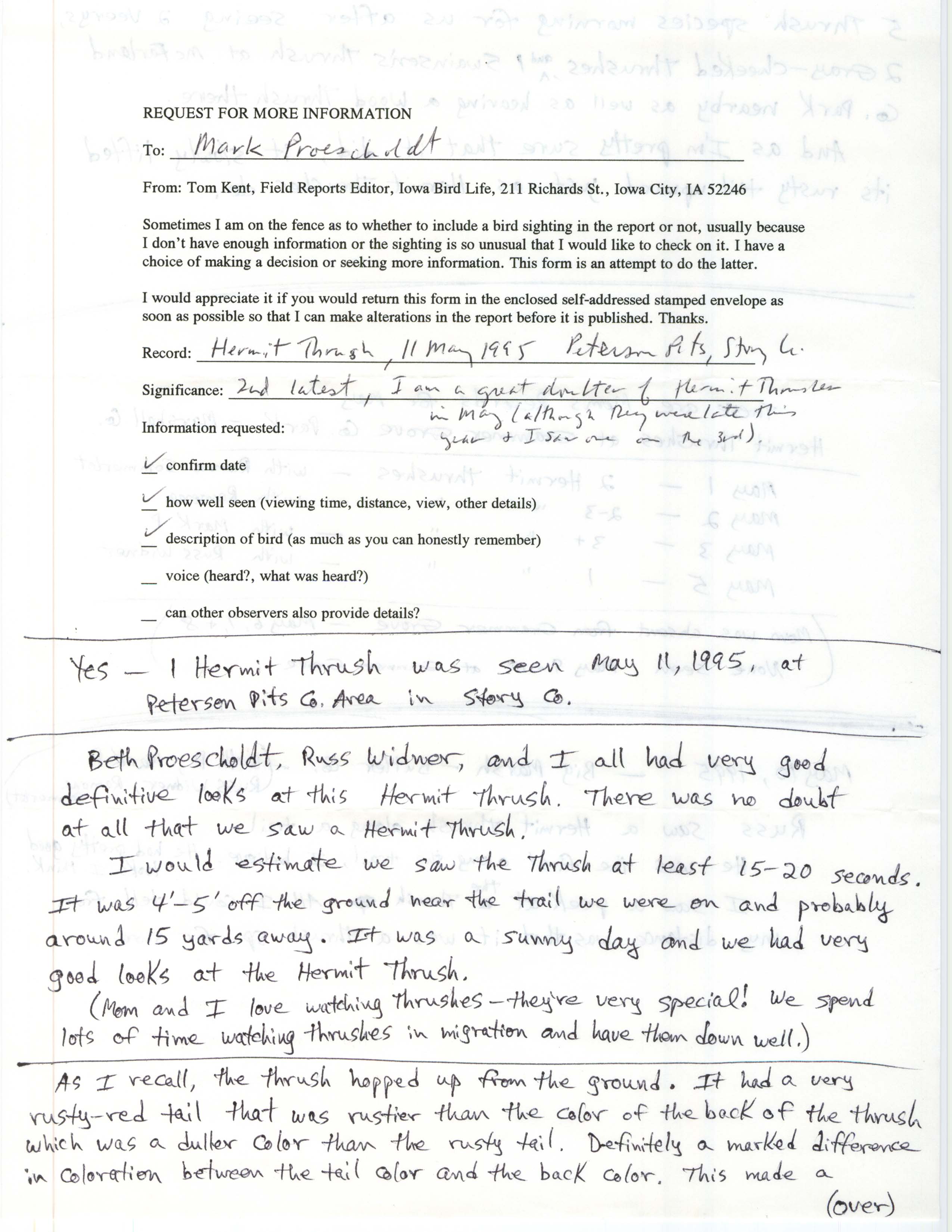 Rare bird documentation form for Hermit Thrush at Peterson Pits Recreation Area, 1995