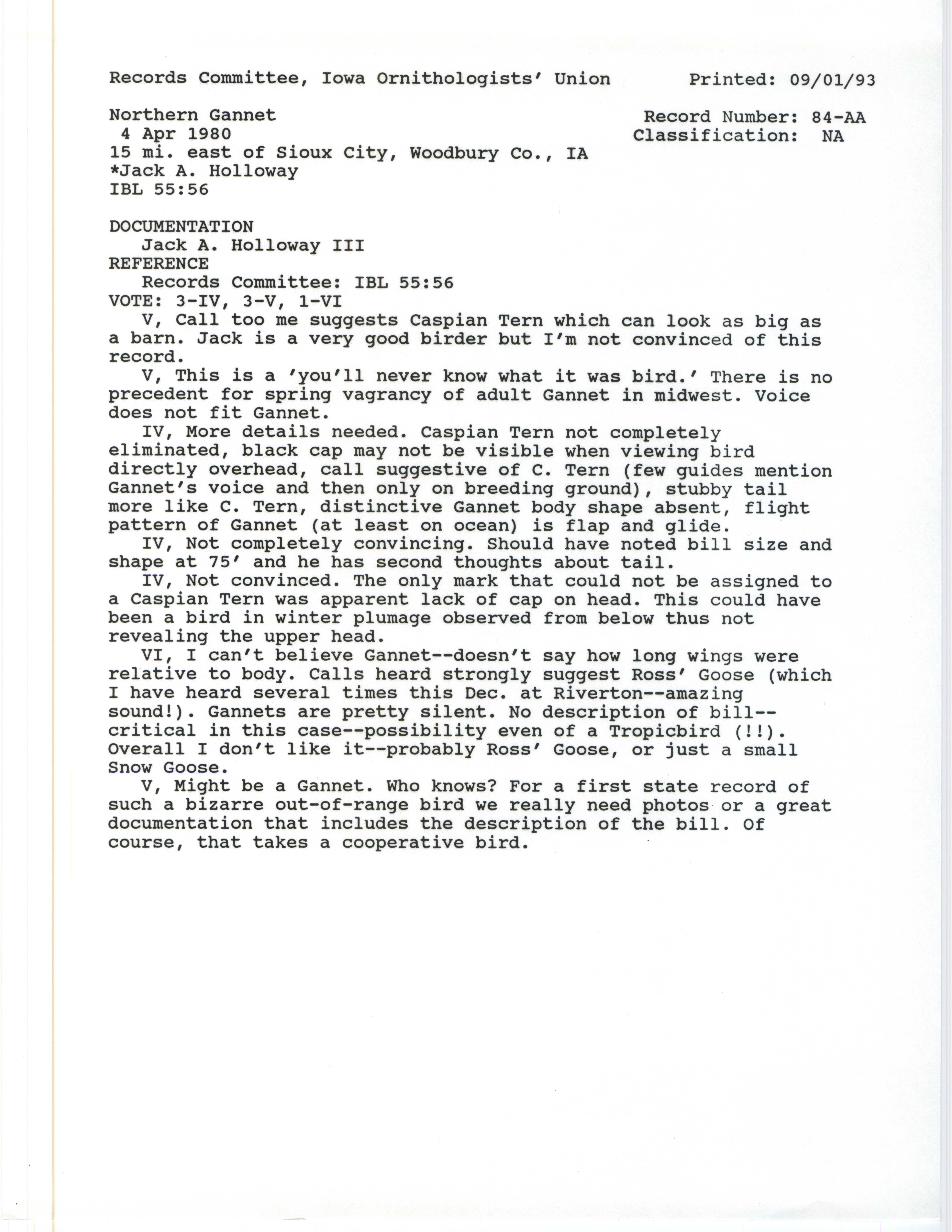 Records Committee review for rare bird sighting for Northern Gannet at Sioux City, 1980