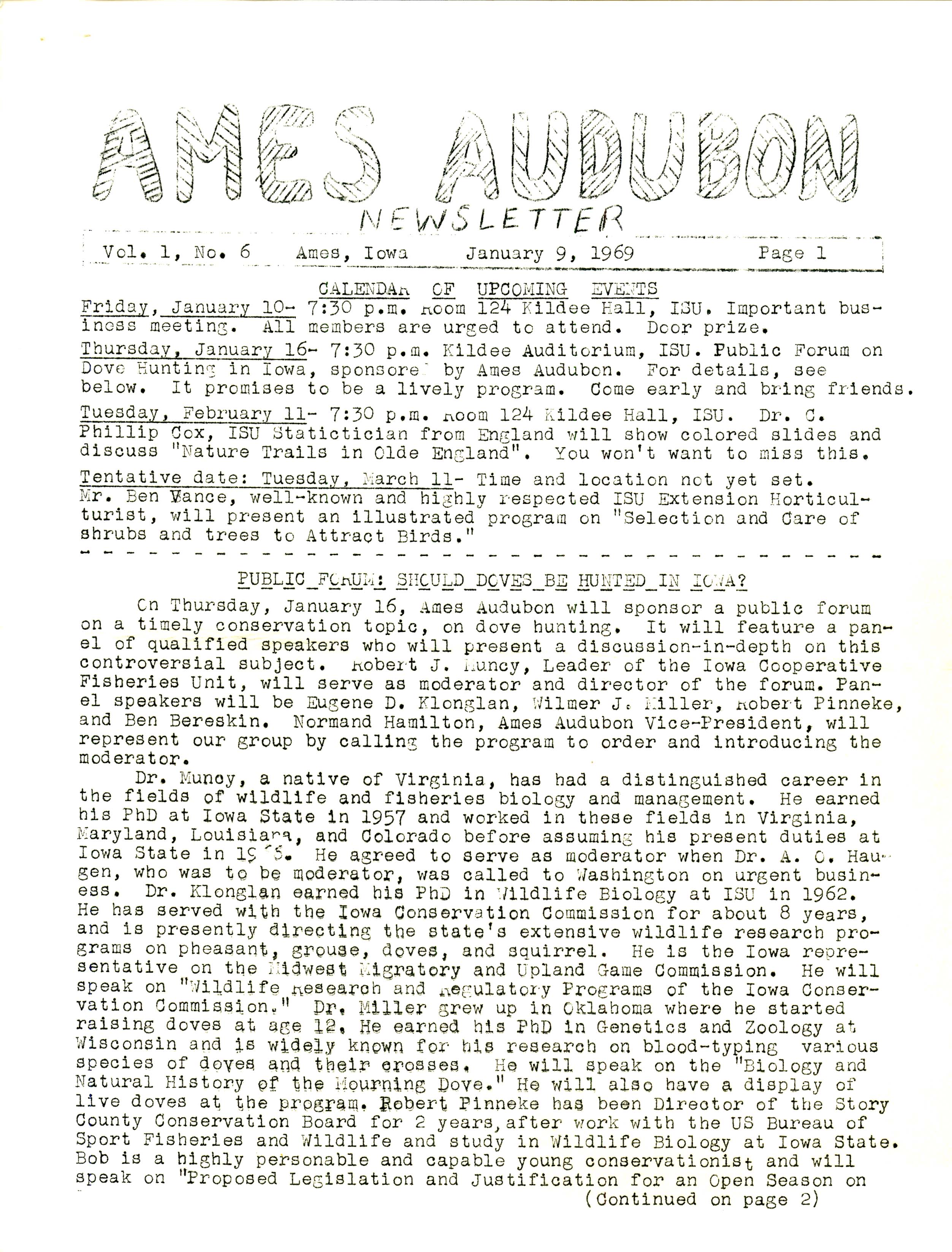 Ames Audubon Newsletter, Volume 1, Number 6, January 9, 1969