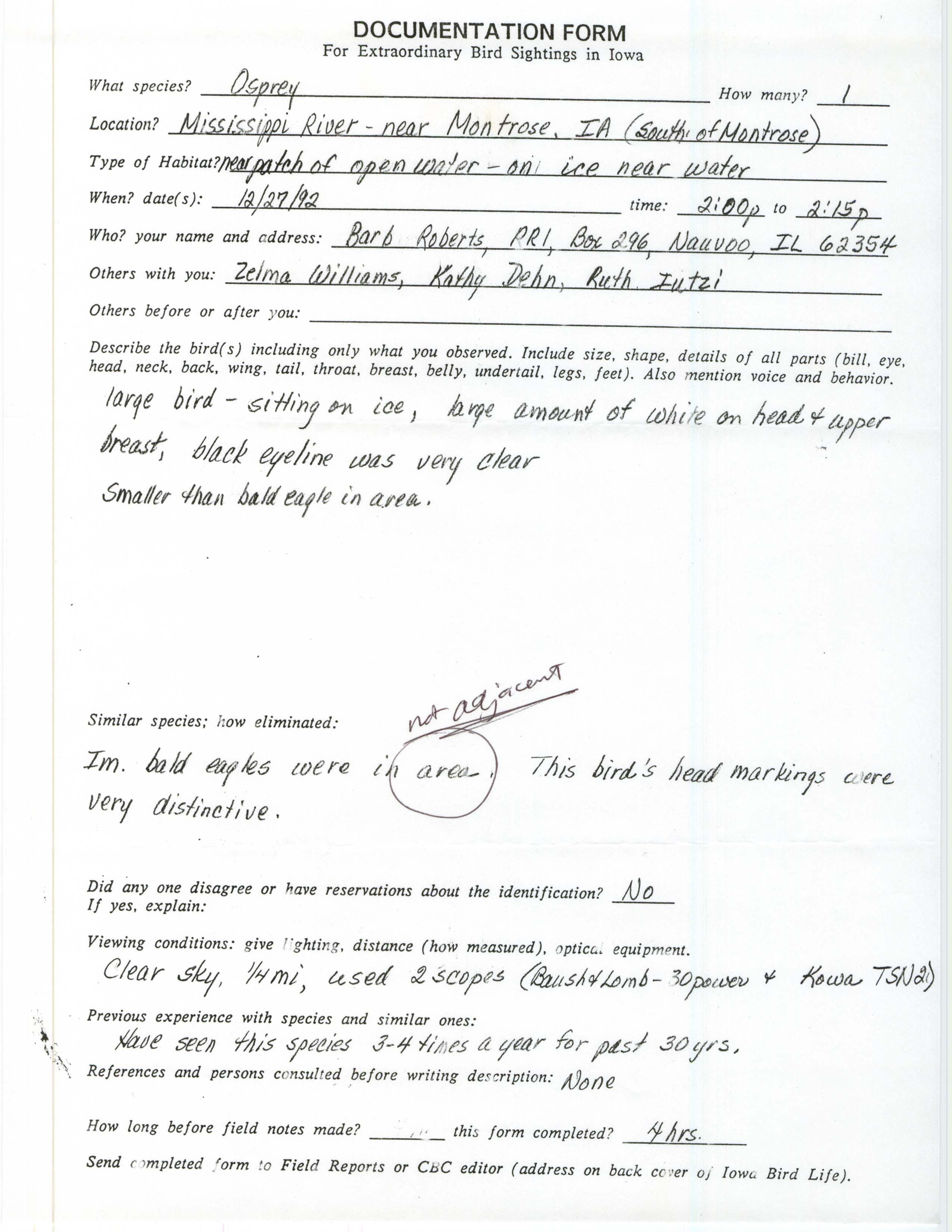 Rare bird documentation form for Osprey at Montrose, 1992