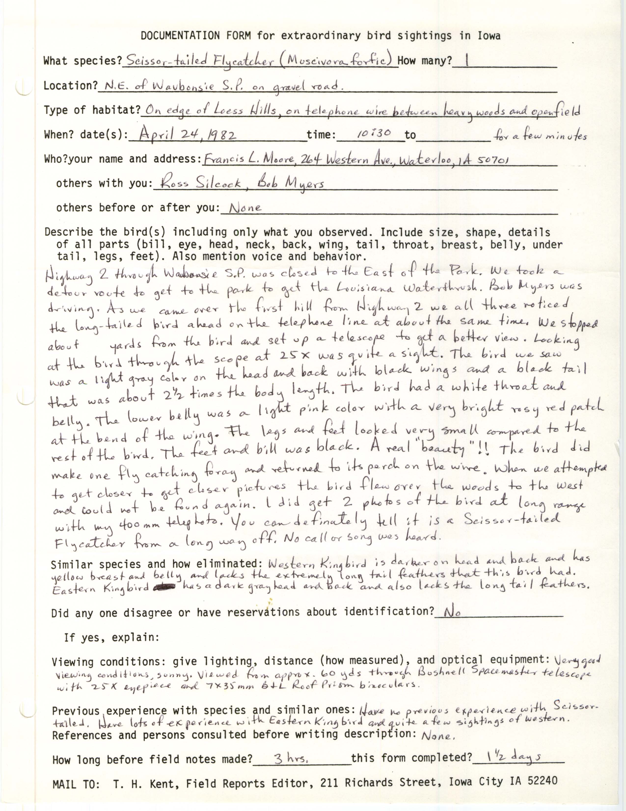 Rare bird documentation form for Scissor-tailed Flycatcher northeast of Waubonsie State Park, 1982