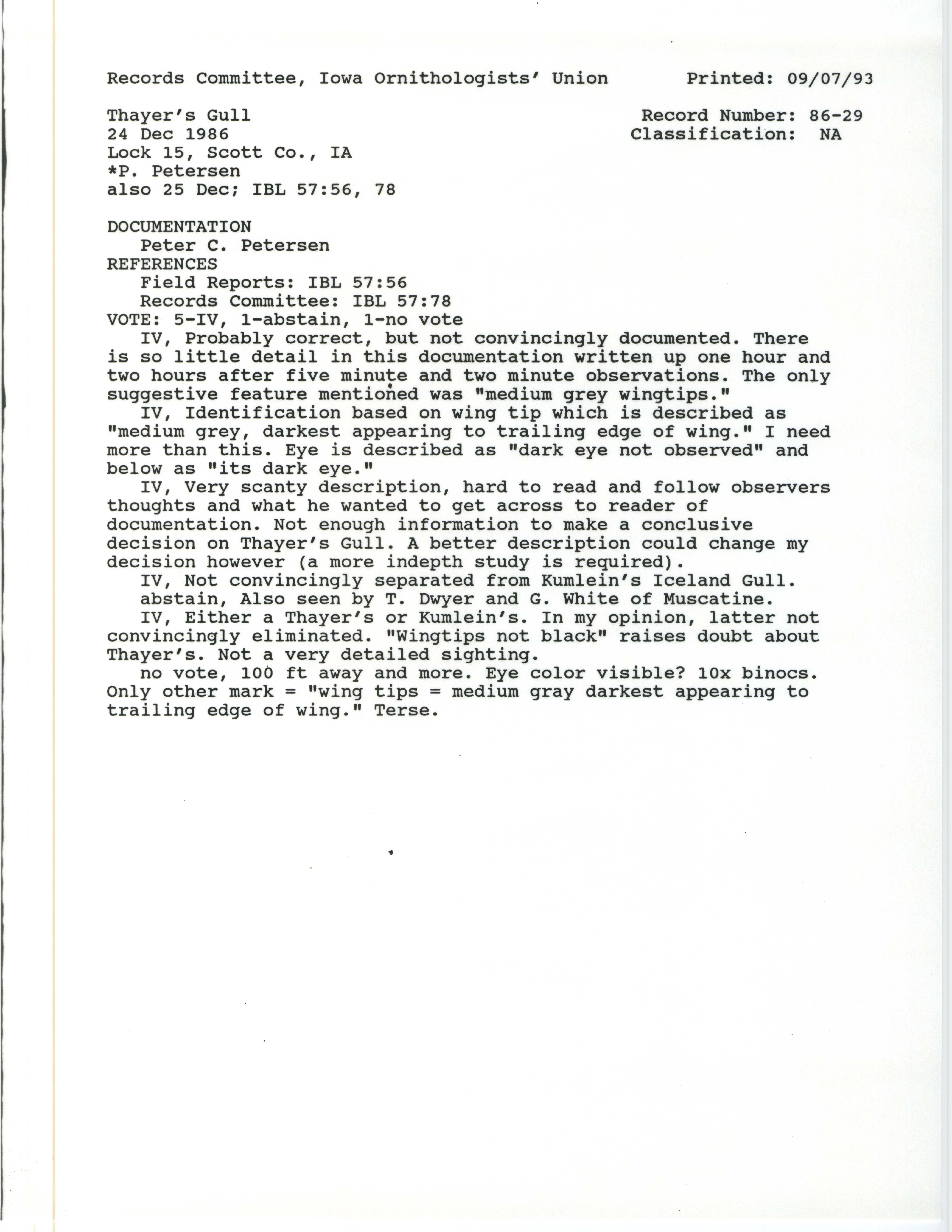 Records Committee review for rare bird sighting of Thayer's Gull at Lock 15 in Davenport, 1986