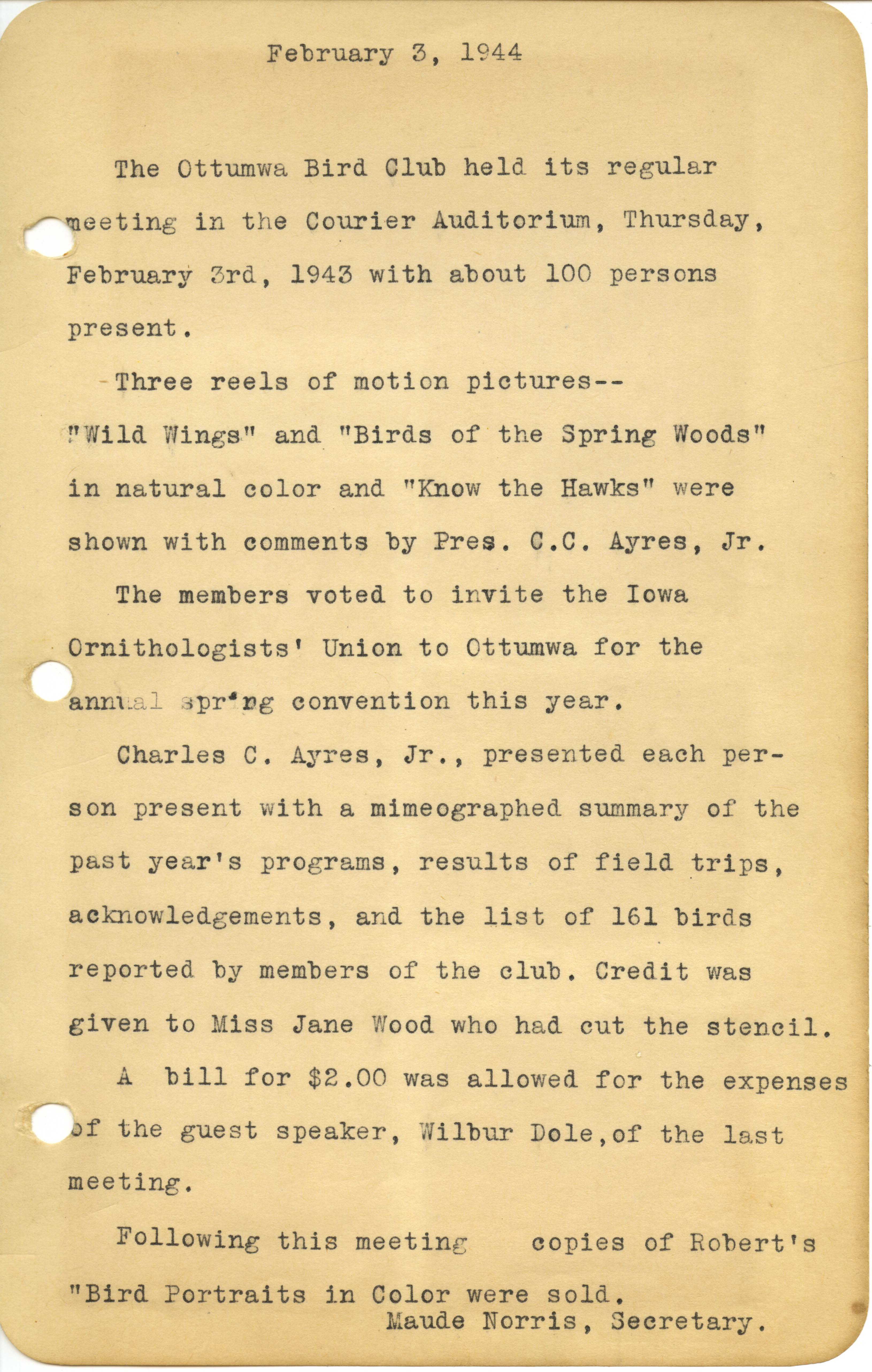 Ottumwa Bird Club meeting minutes, February 3, 1943