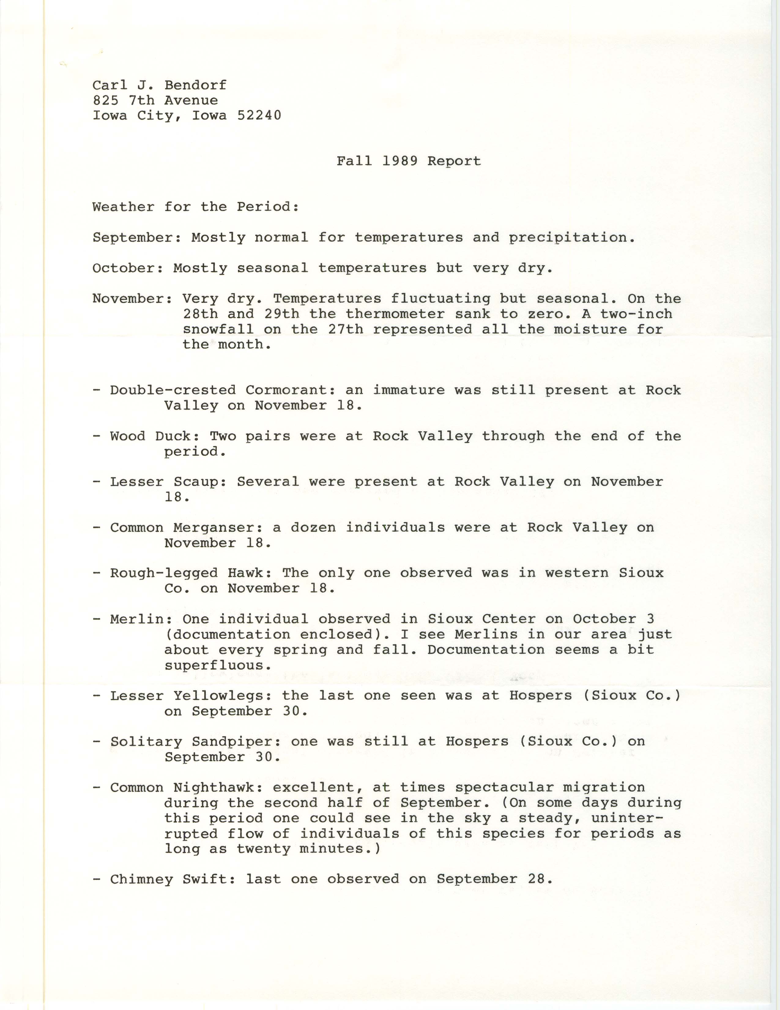 John Van Dyk letter to Carl J. Bendorf regarding field reports for the IOU quarterly field report, December 1, 1989