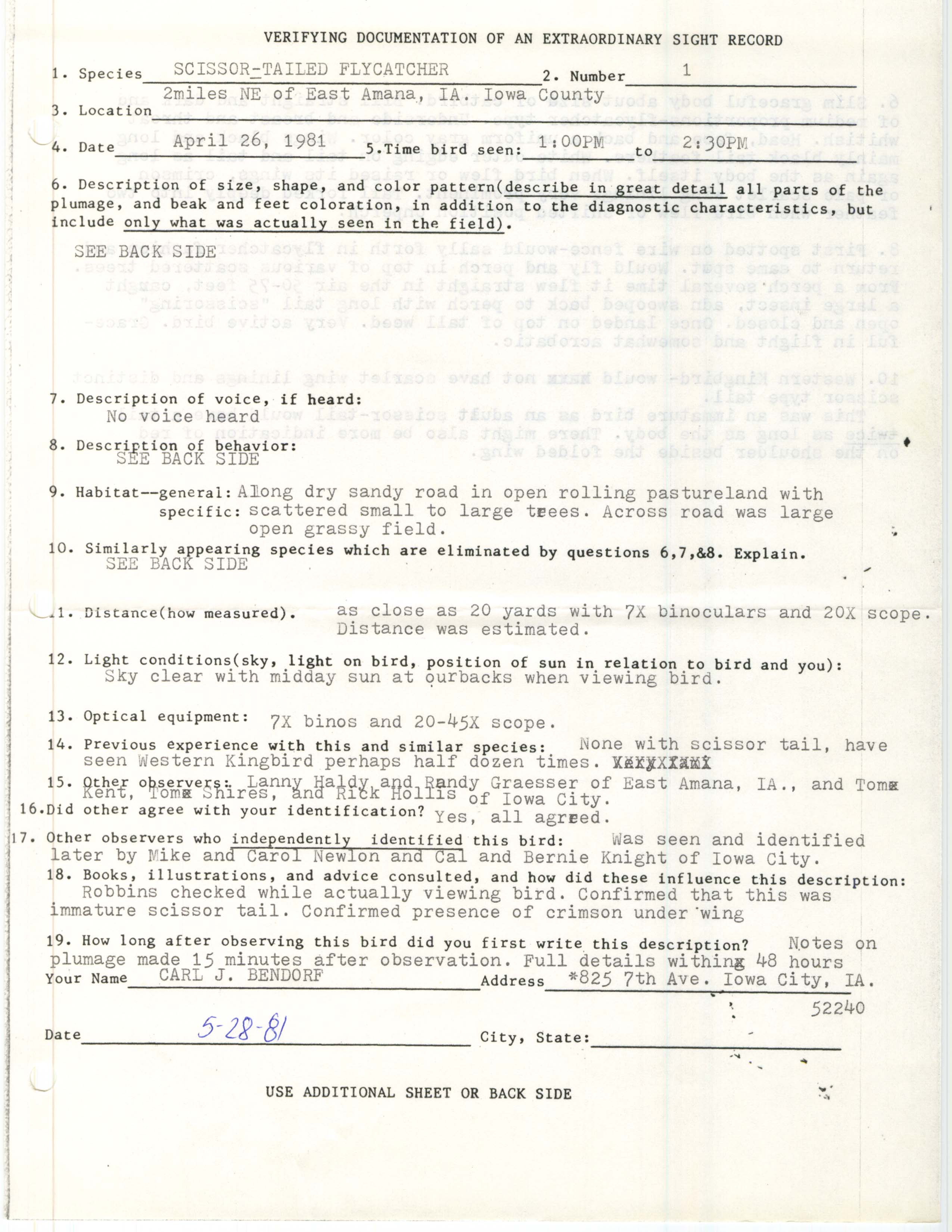 Rare bird documentation form for Scissor-tailed Flycatcher northeast of East Amana, 1981