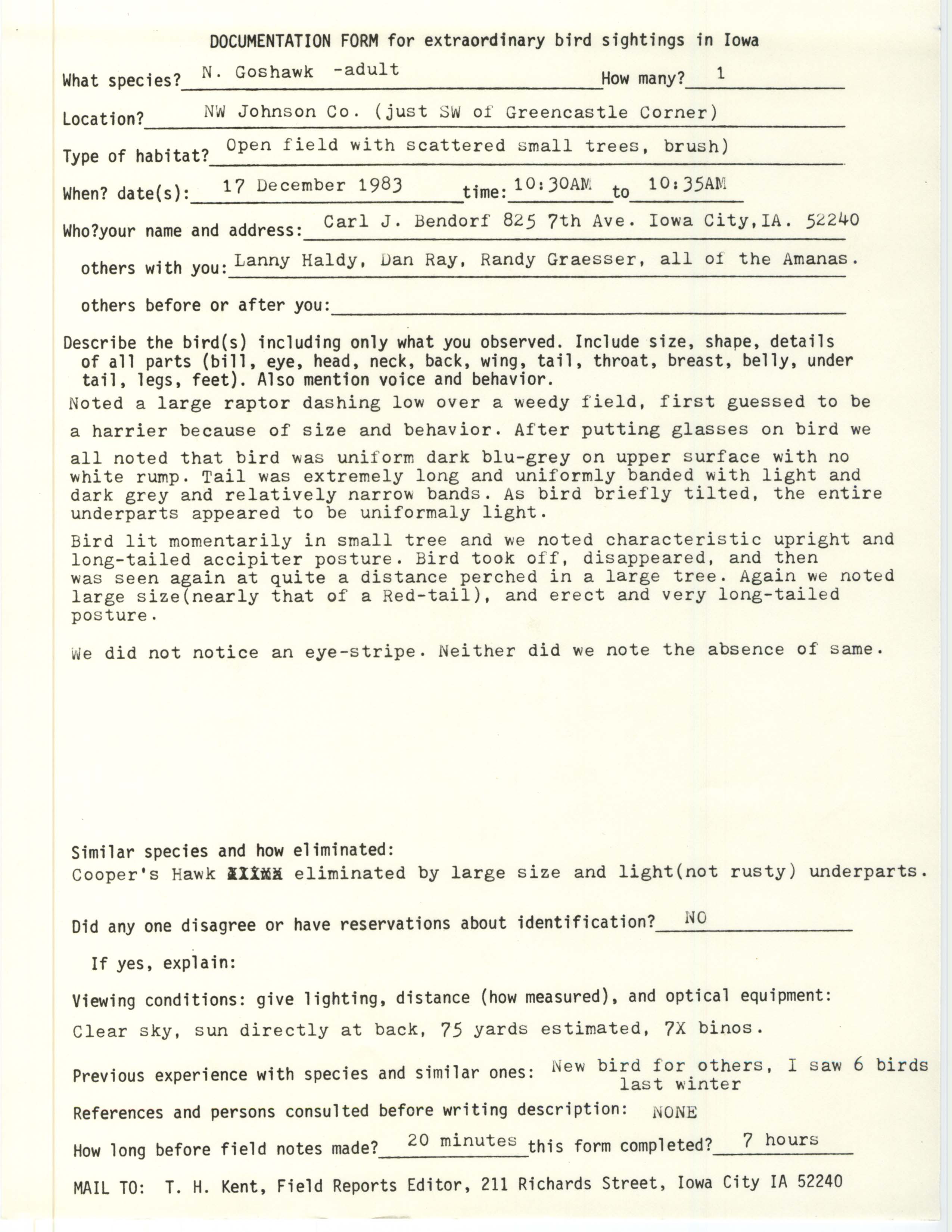Rare bird documentation form for Northern Goshawk at Green Castle, 1983