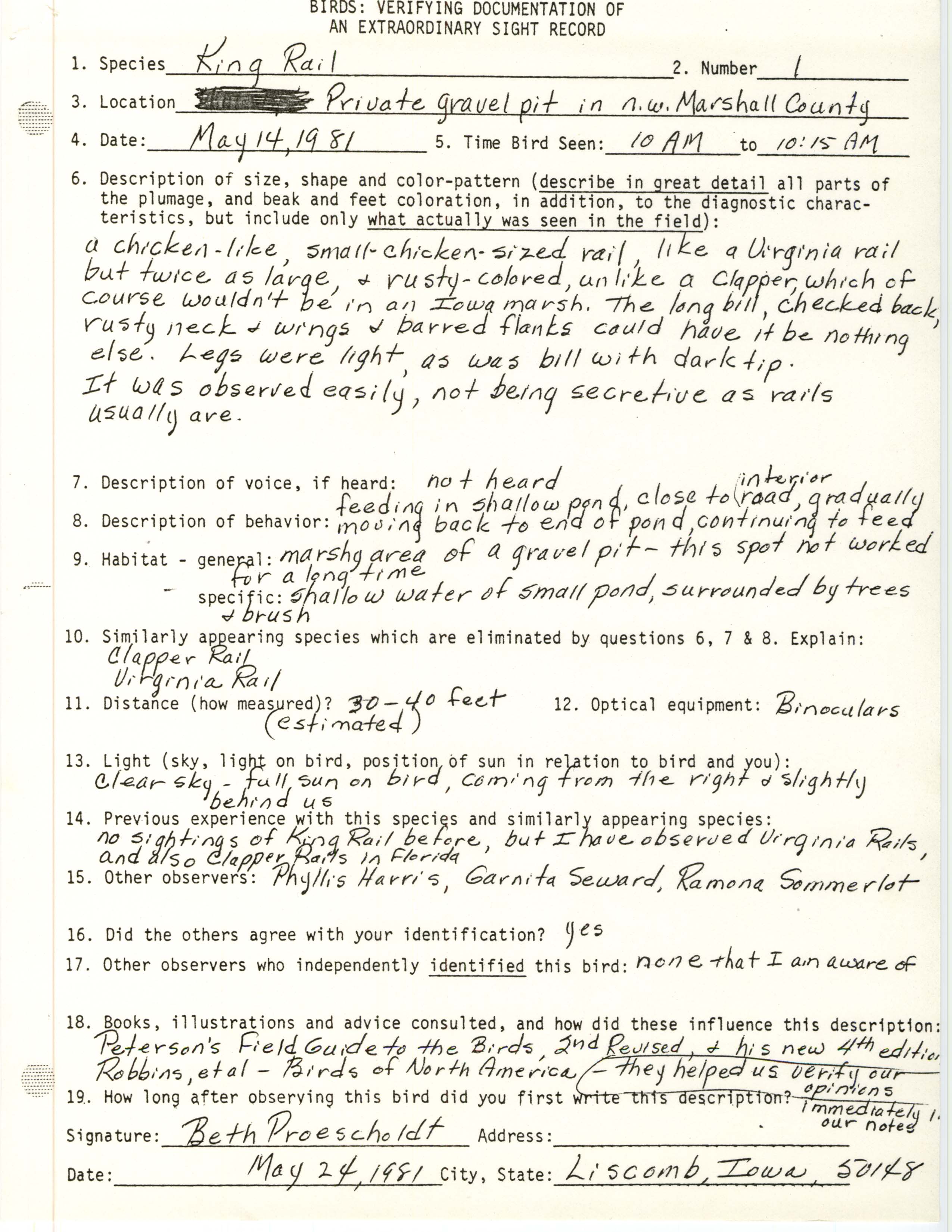 Rare bird documentation form for King Rail in northwest Marshall County, 1981