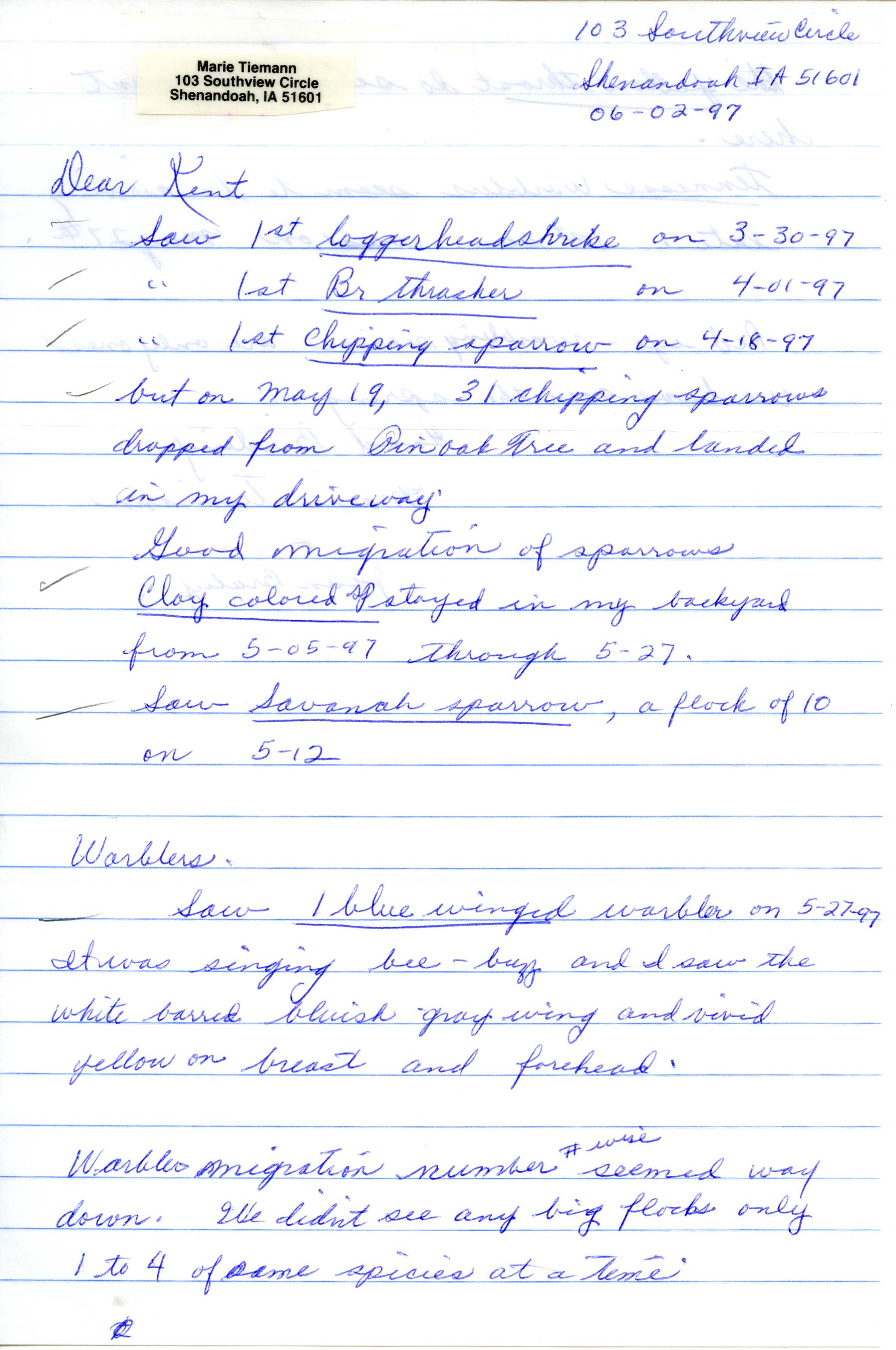 Marie E. Spears Tiemann and Jean B. Braley letter to Thomas H. Kent regarding bird sightings, June 2, 1997