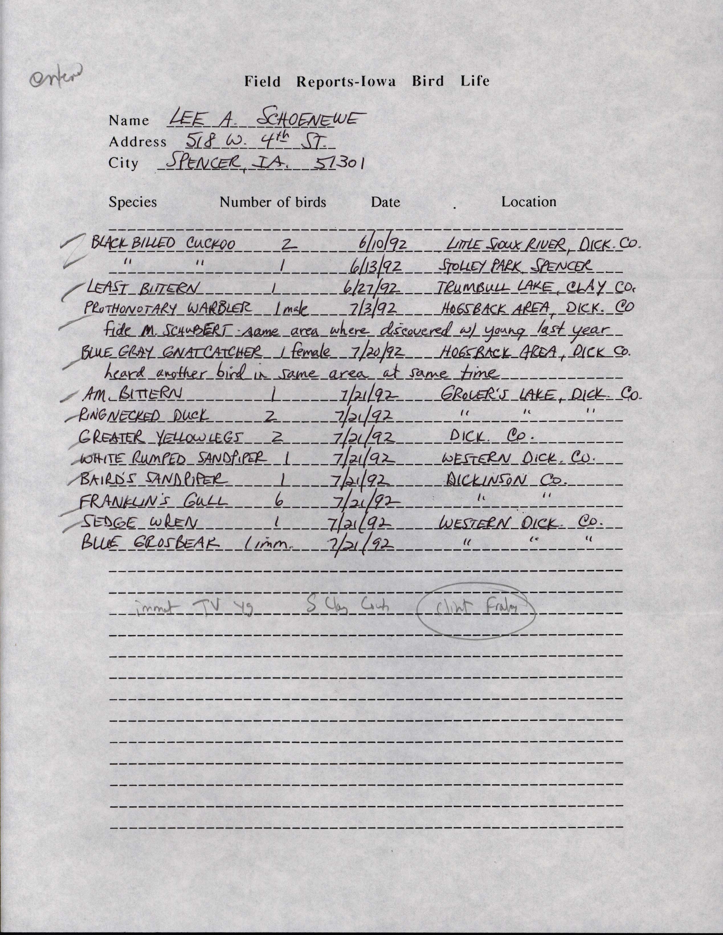 Field notes and letter to James J. Dinsmore contributed by Lee A. Schoenewe, August 2, 1992