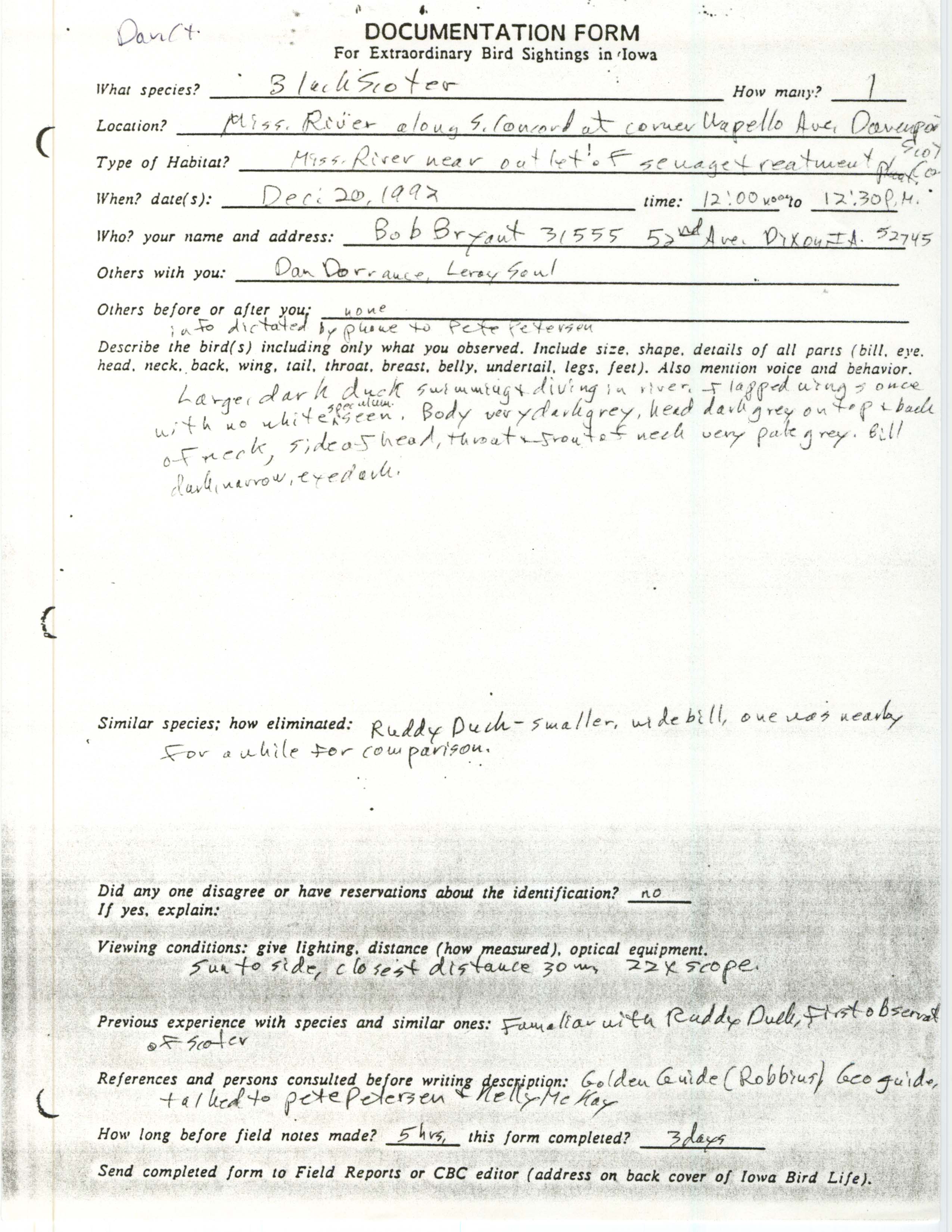 Rare bird documentation form for Black Scoter at Davenport, 1992