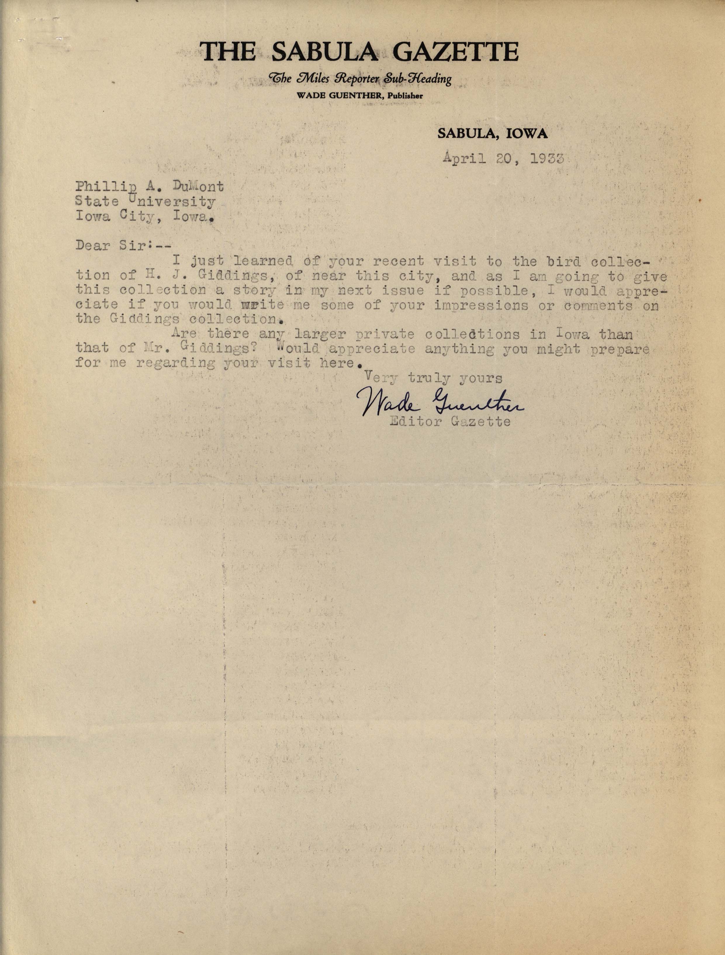 Wade Guenther letter to Philip DuMont regarding the Giddings collection, April 20, 1933