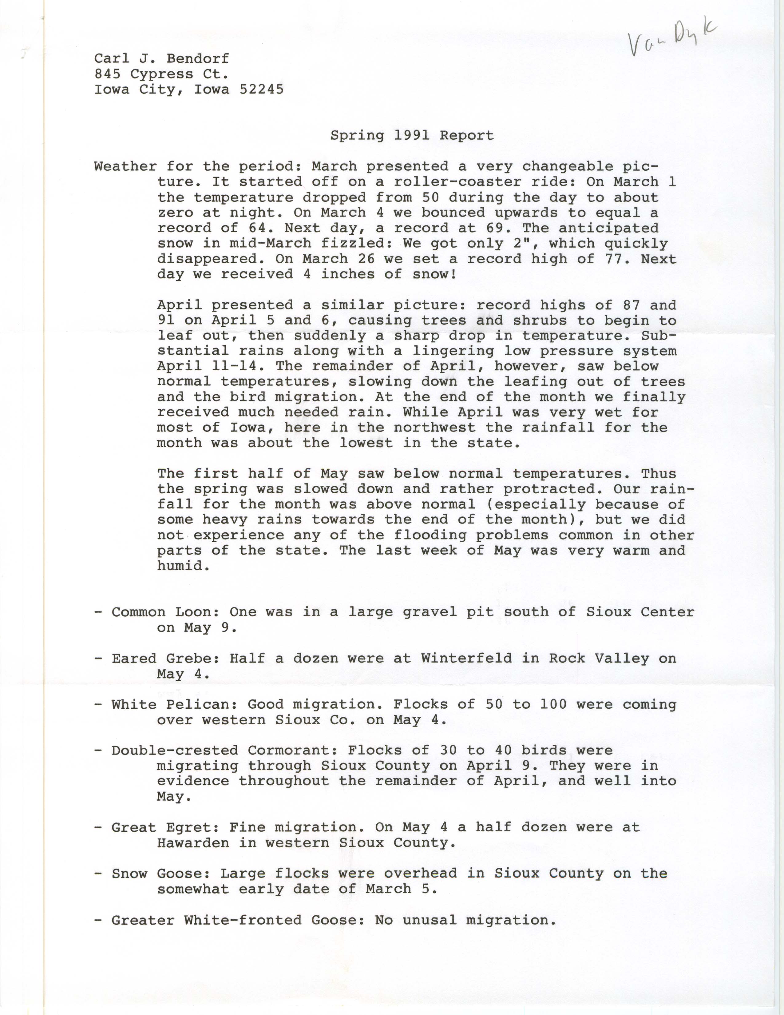 John Van Dyk letter to Carl Bendorf, June 1 1991