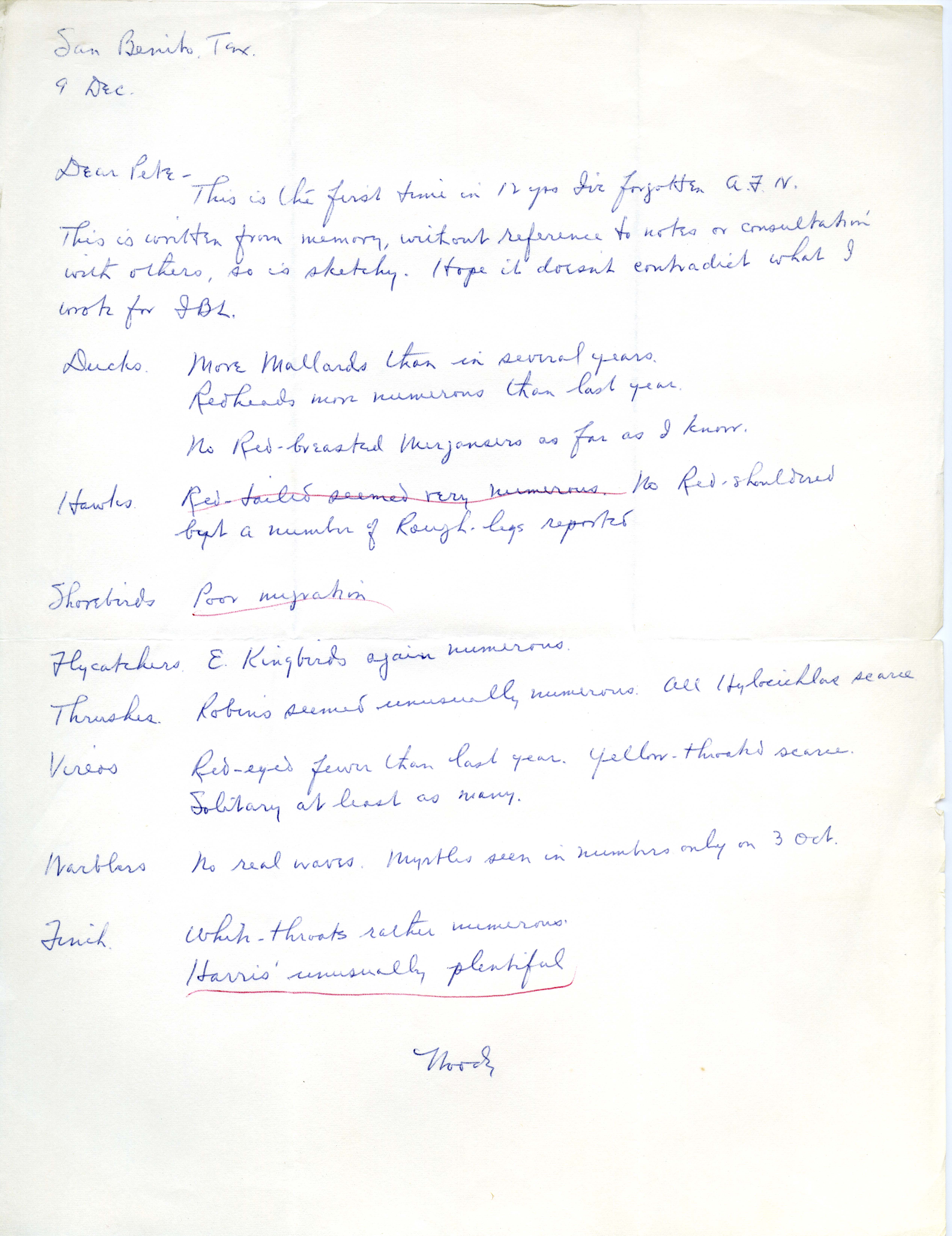 Woodward H. Brown letter to Peter C. Petersen regarding Aubudon field notes, December 9, 1964