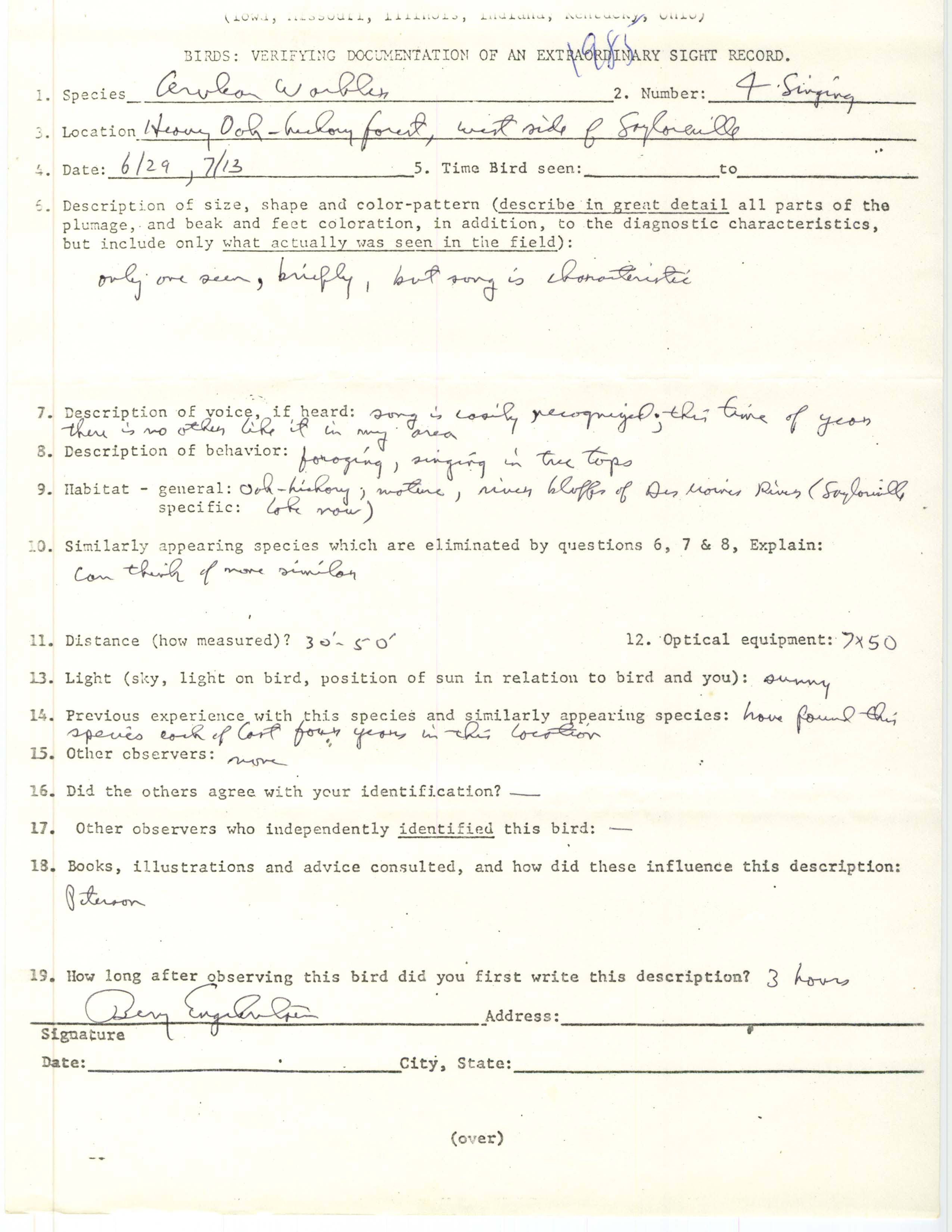Rare bird documentation form for Cerulean Warbler at Saylorville Lake in 1985