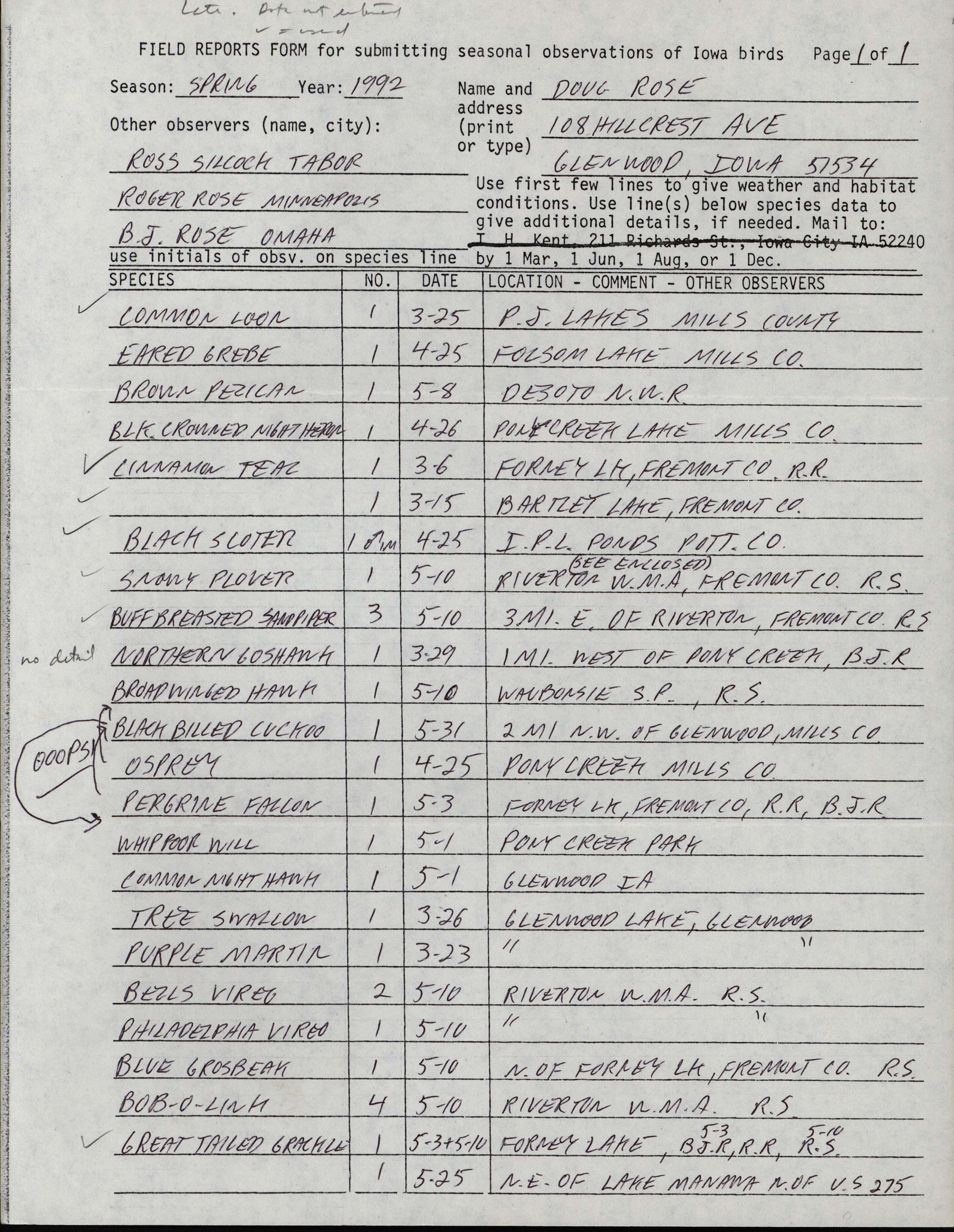 Field reports form for submitting seasonal observations of Iowa birds, Douglas Rose, spring 1992