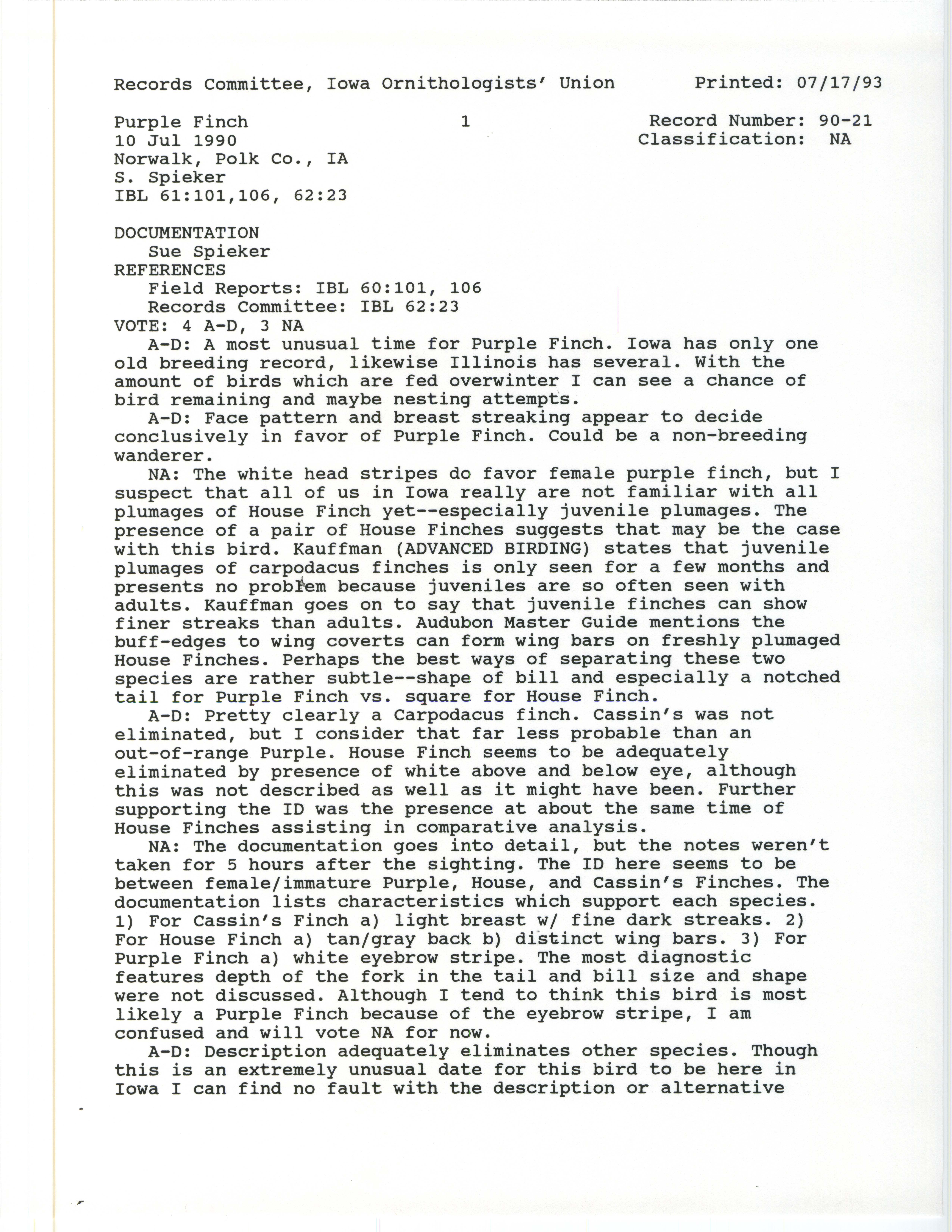 Records Committee review for rare bird sighting for Purple Finch at Iowa City, 1990