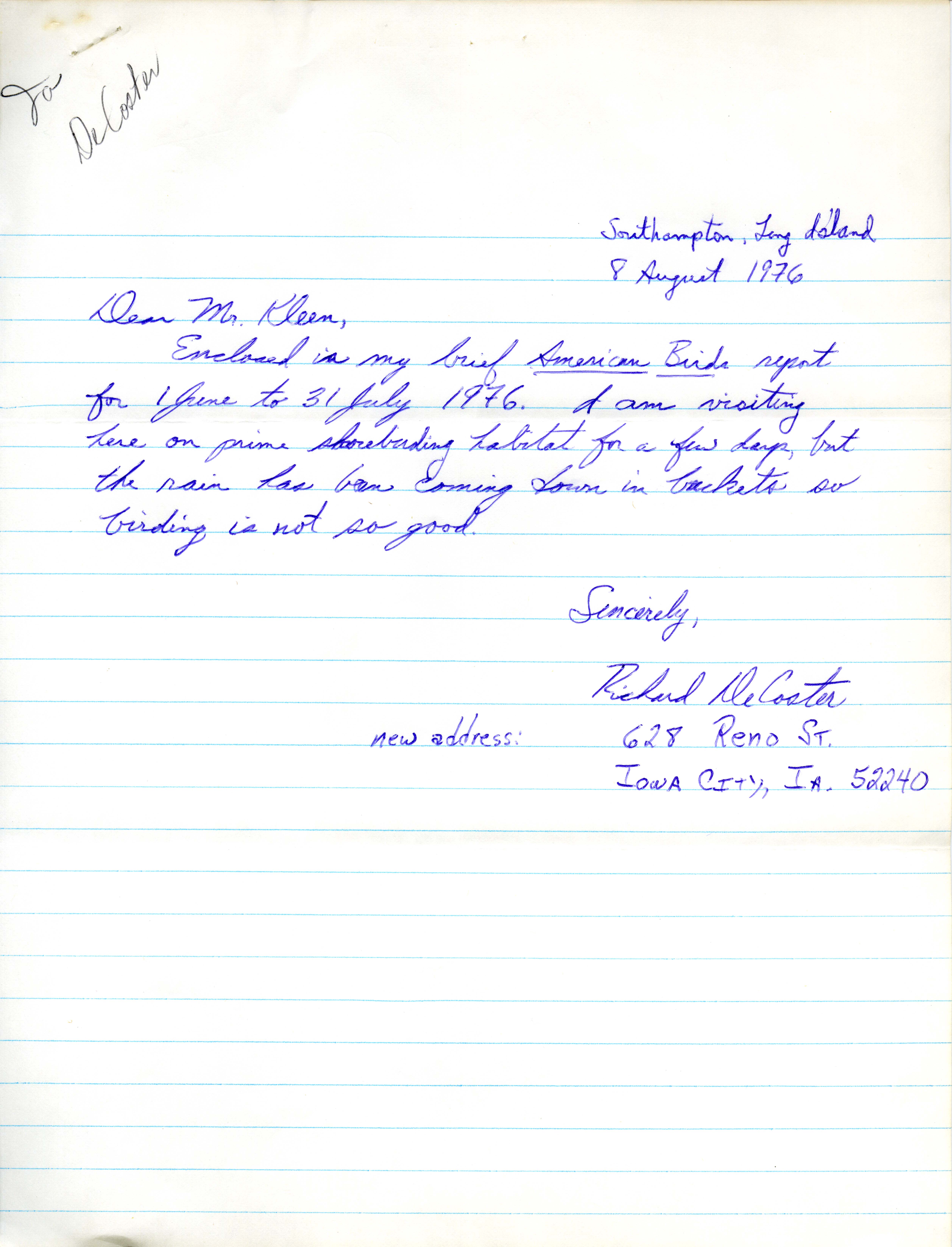 Letter from Richard DeCoster to Iowa Ornithologists' Union regarding bird sightings from June 1 to July 31, 1976