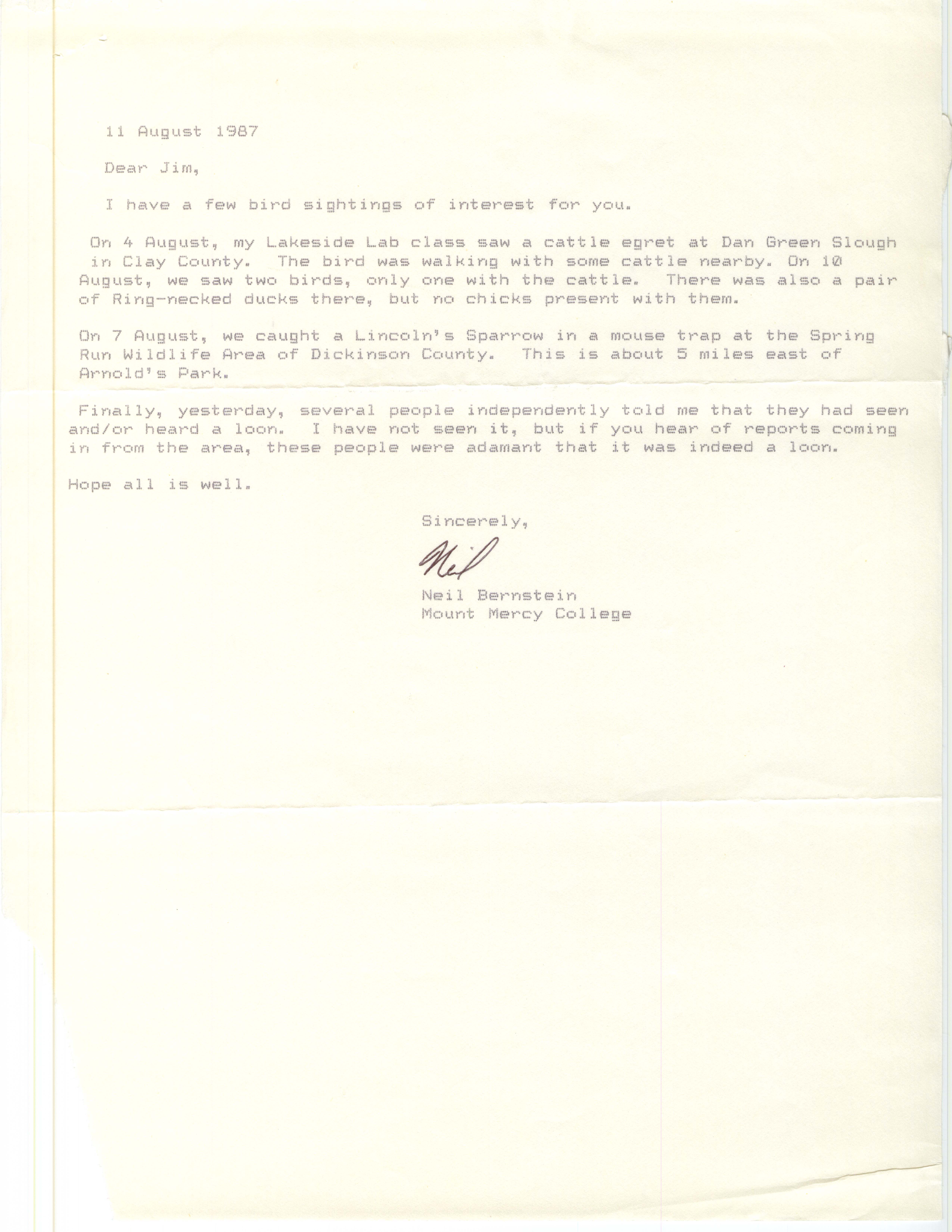 Neil Bernstein letter to James J. Dinsmore regarding fall bird sightings, August 11, 1987
