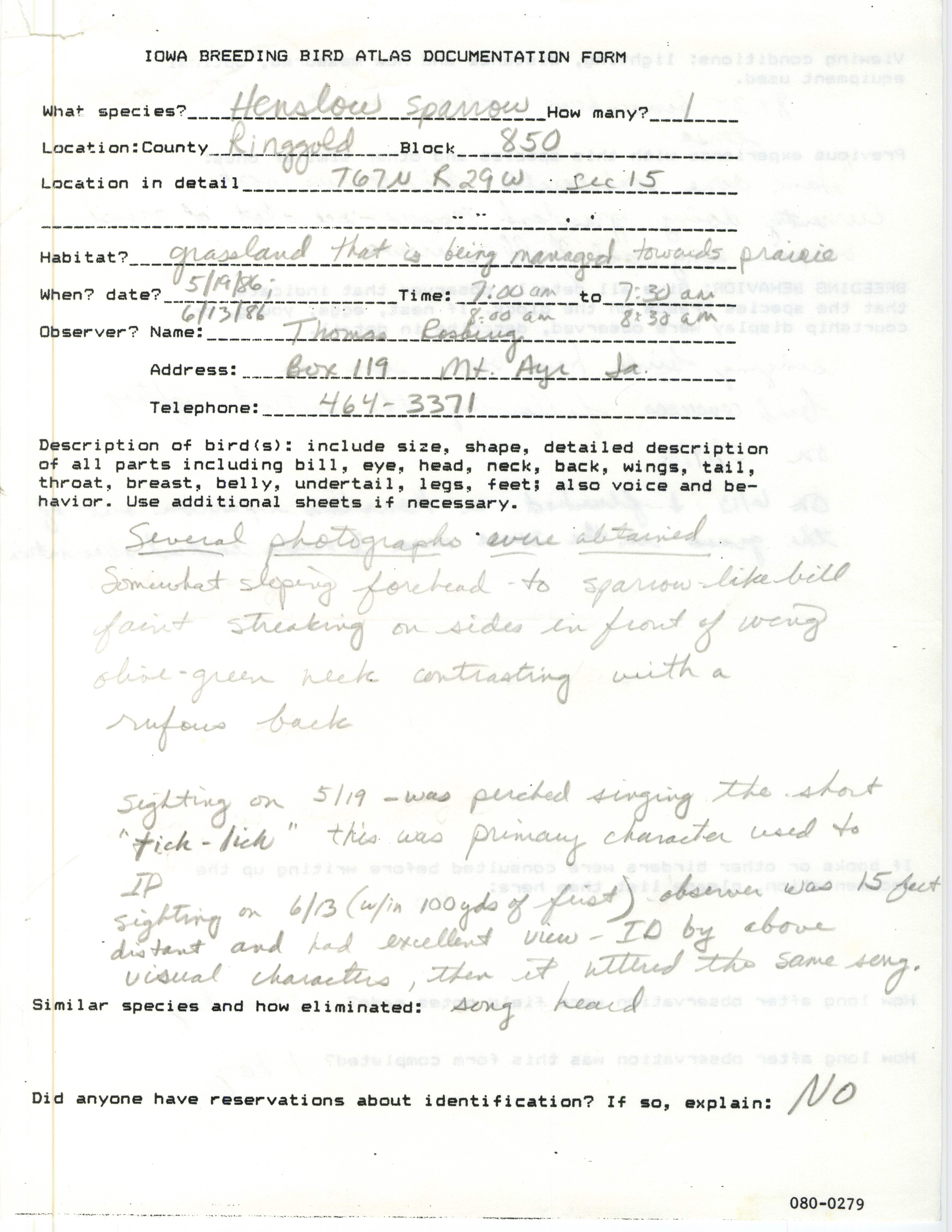 Iowa Breeding Bird Atlas documentation form, Thomas Rosburg, May 19, 1986, and June 13, 1986