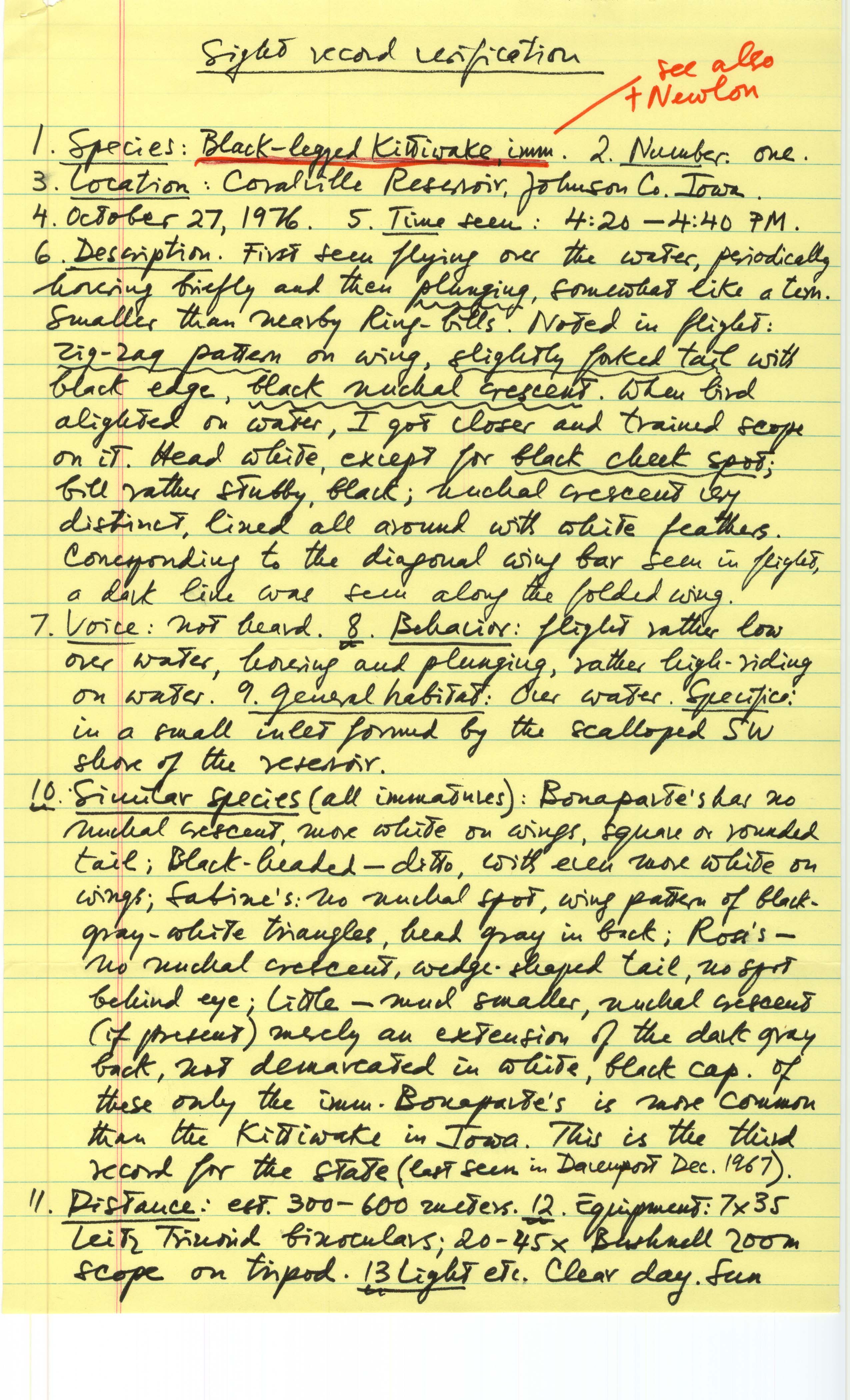 Rare bird documentation form for Black-legged Kittiwake at Coralville Reservoir, 1976