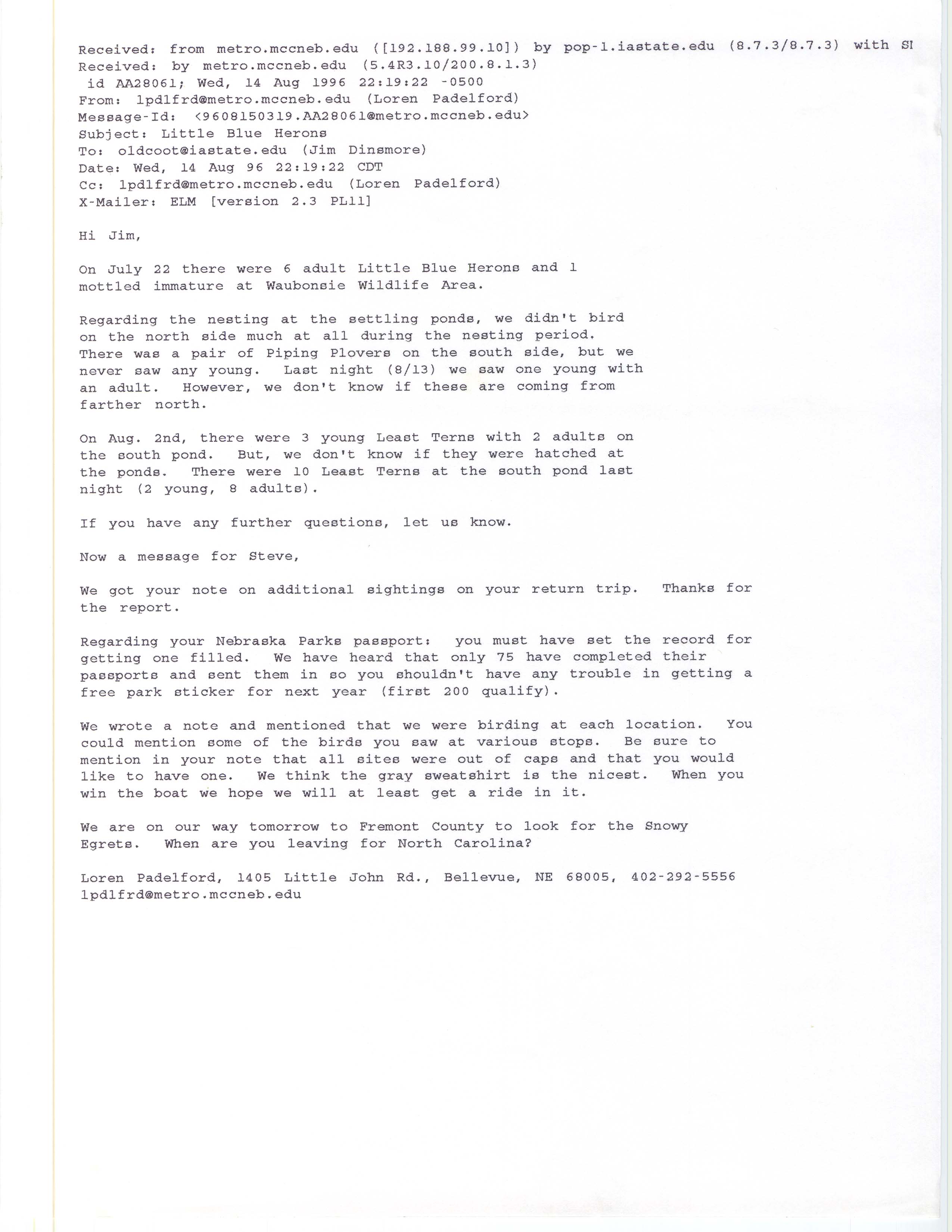 Loren Padelford email to James J. Dinsmore regarding bird sightings, August 14, 1996