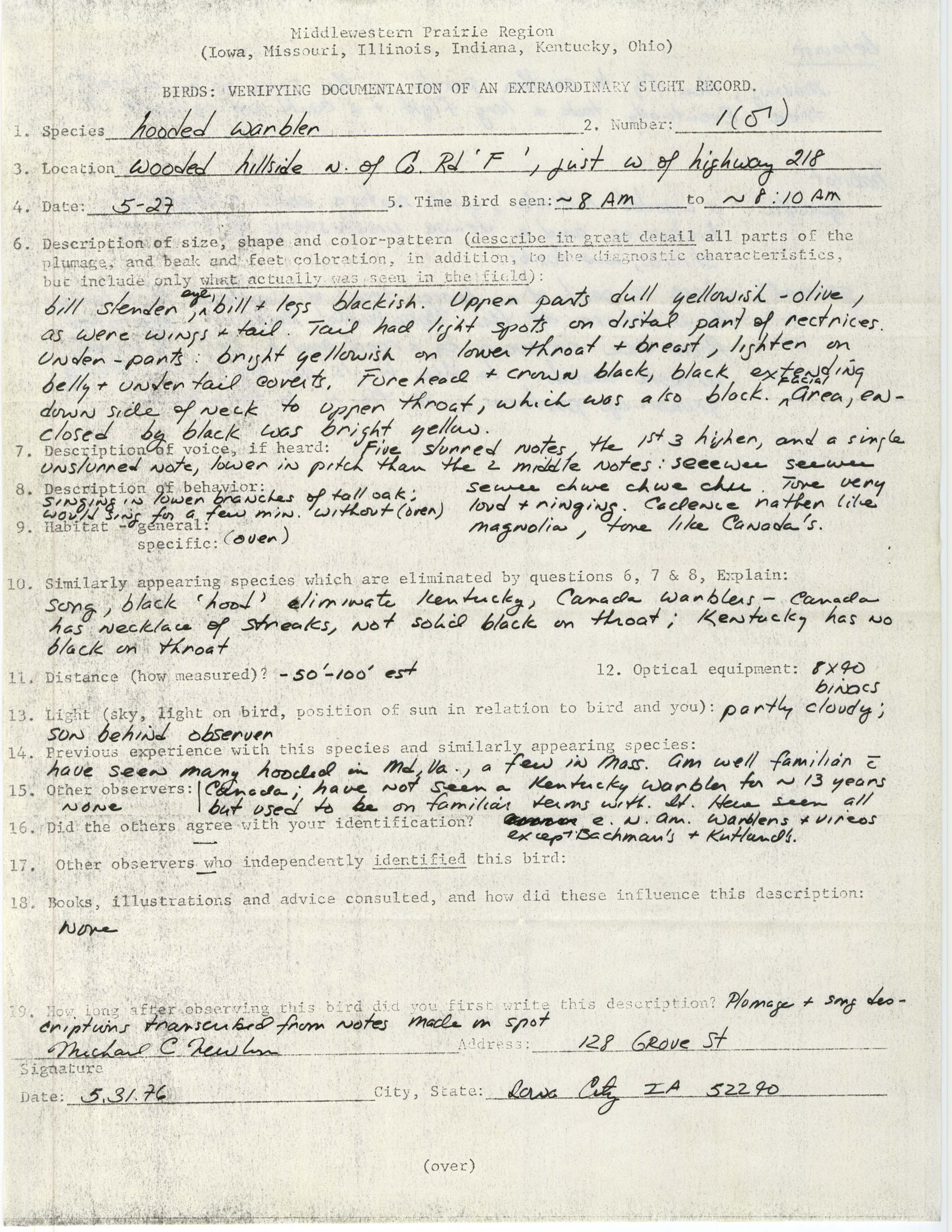 Rare bird documentation form for Hooded Warbler near Coralville Reservoir, 1976