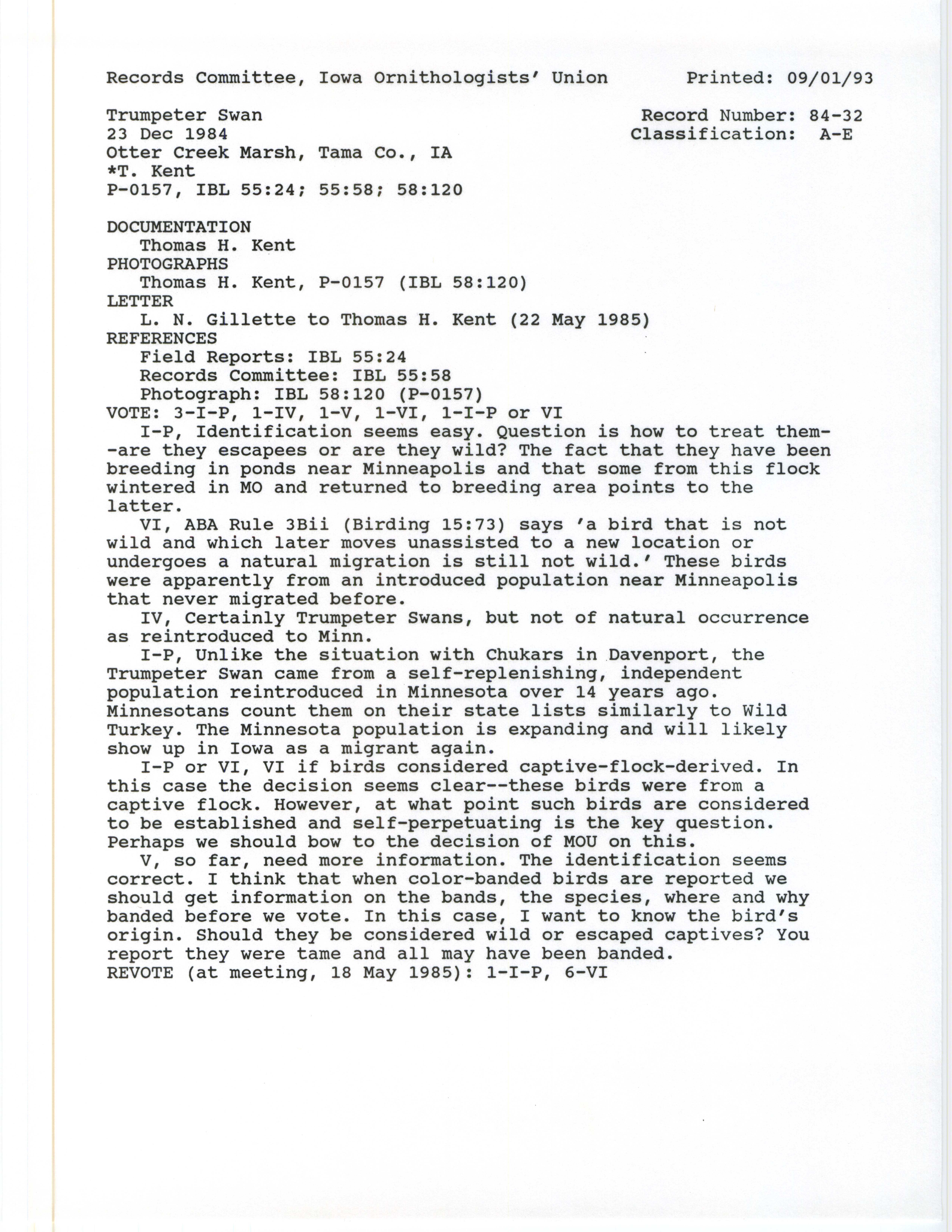 Records Committee review for rare bird sighting of Trumpeter Swan at Otter Creek Marsh, 1984