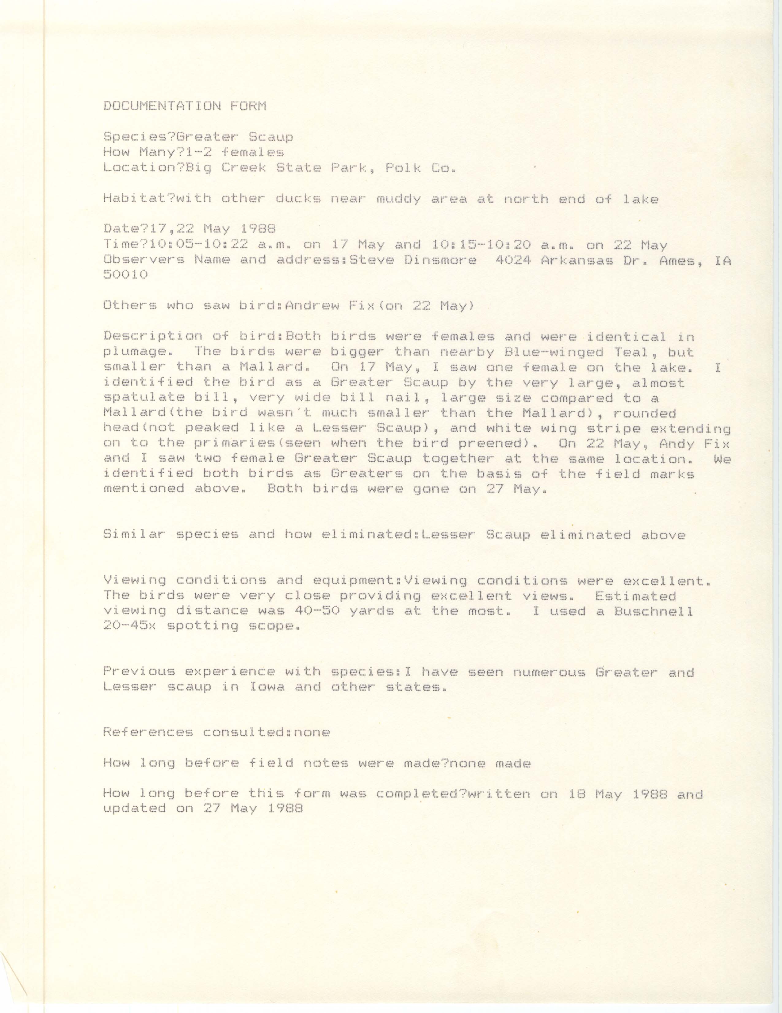 Rare bird documentation form for Greater Scaup at Big Creek State Park, 1988