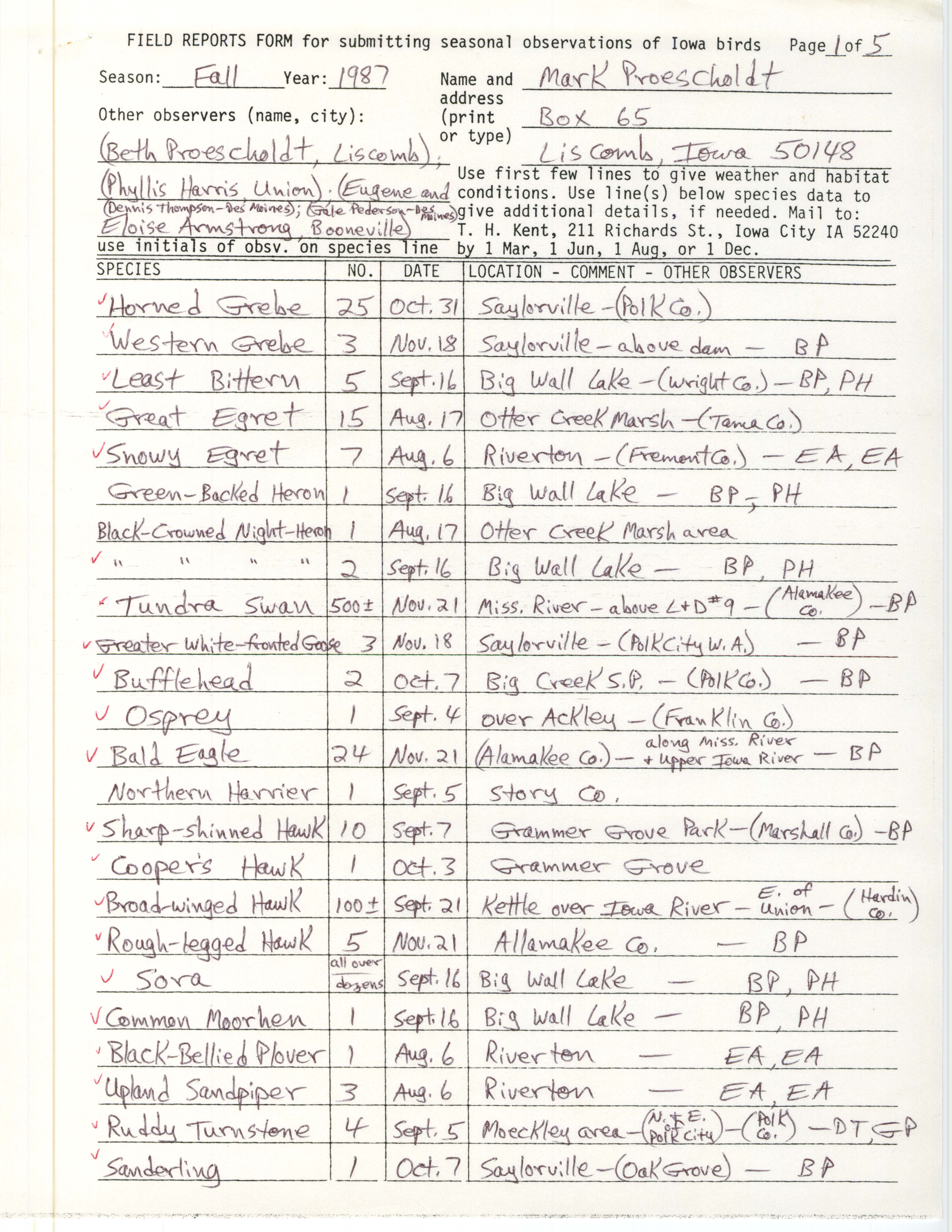 Field reports form for submitting seasonal observations of Iowa birds, Mark Proescholdt, fall 1987