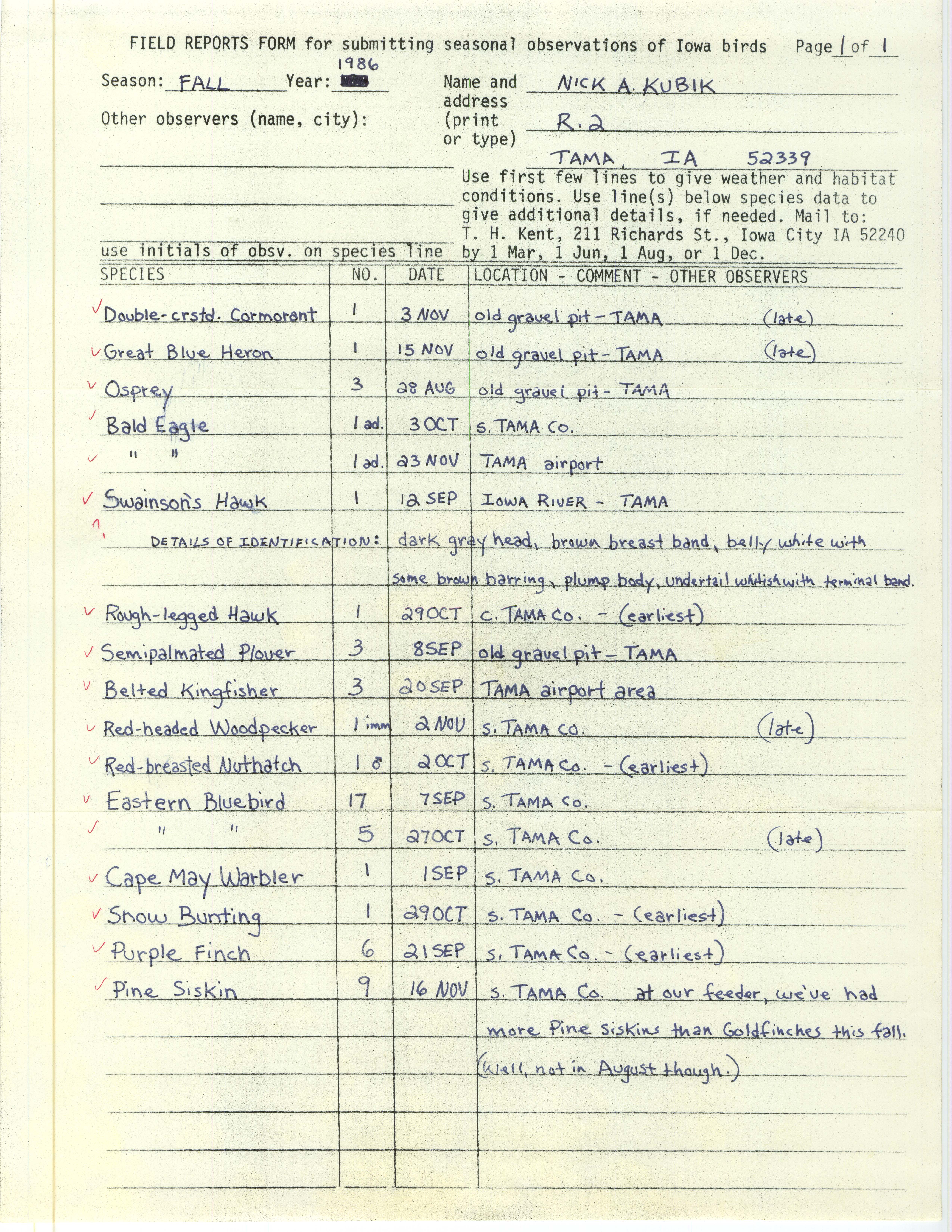 Field reports form for submitting seasonal observations of Iowa birds, Nicholas A. Kubik, fall 1986