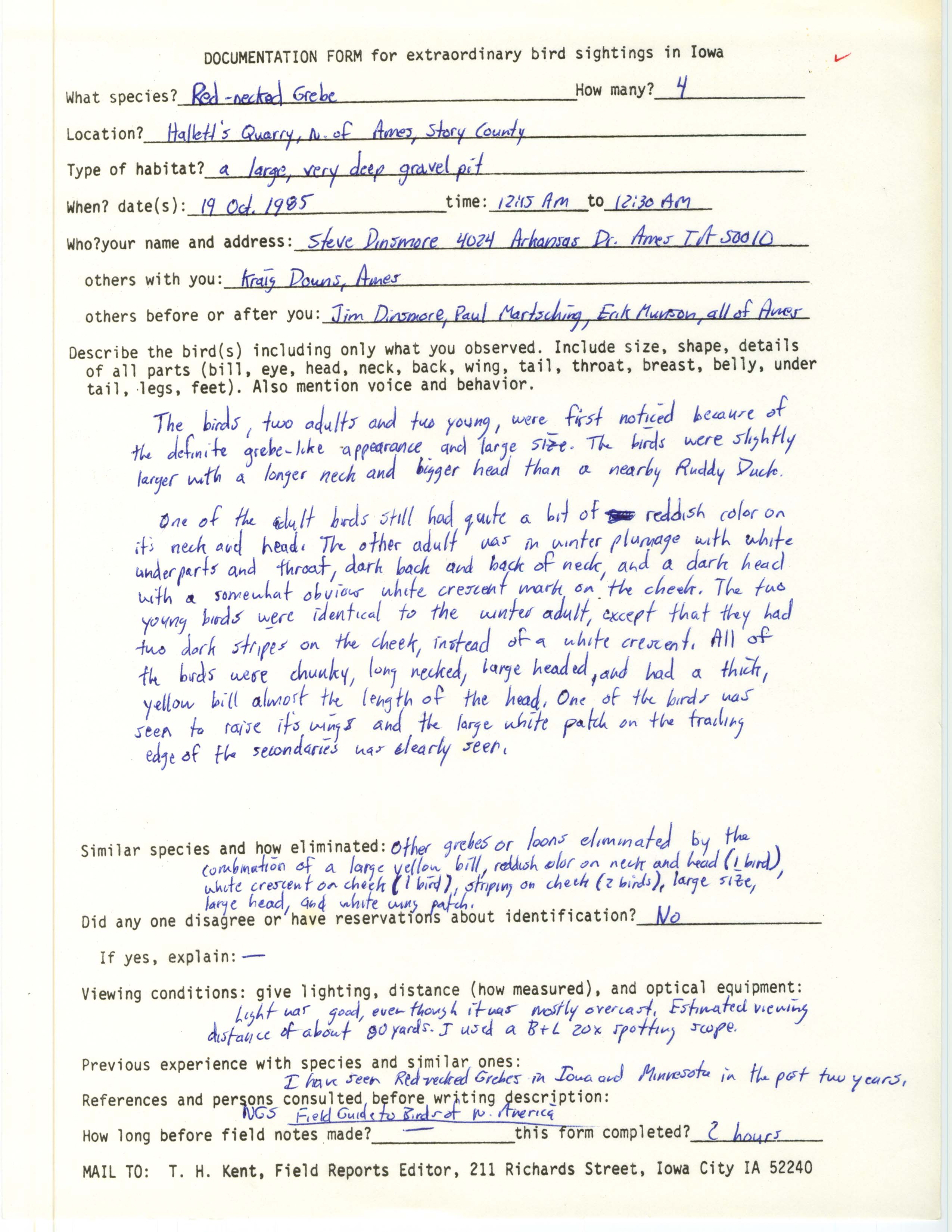 Rare bird documentation form for a Red-throated Loon at Hallett's Quarry at Ames, 1985