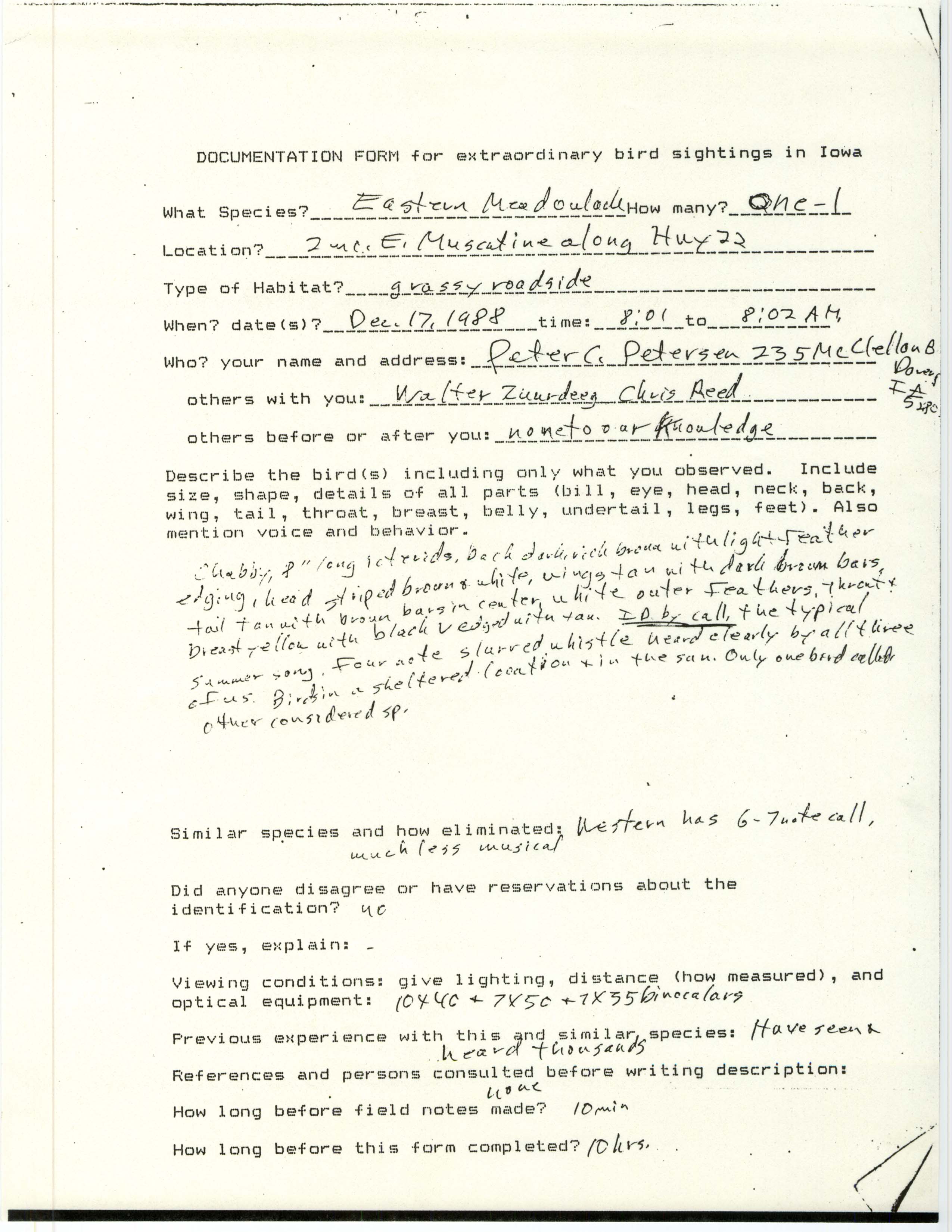 Rare bird documentation form for Eastern Meadowlark east of Muscatine, 1988