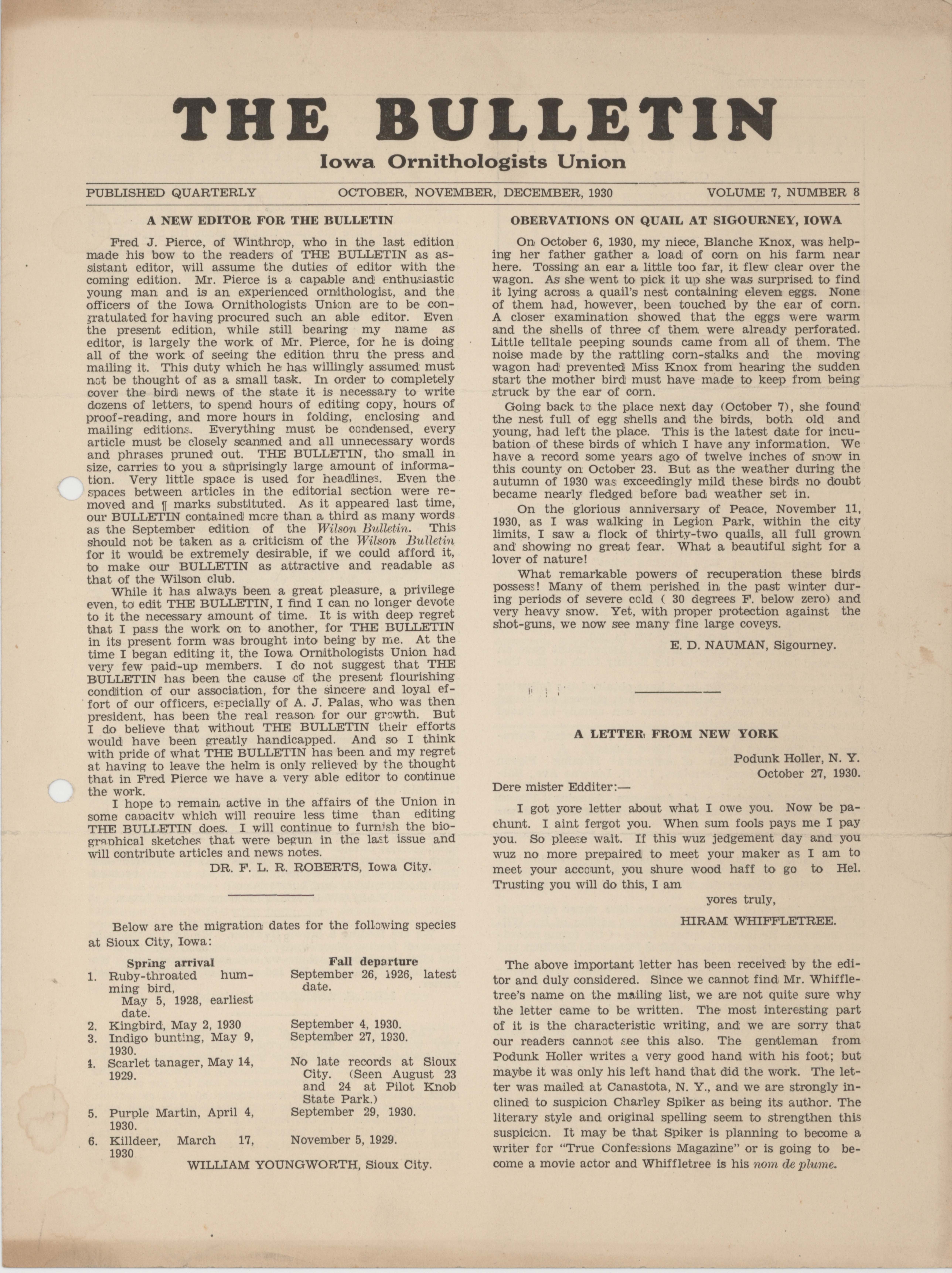 Bulletin (Iowa Ornithologists Union), Volume 7, Number 8, October/December 1930
