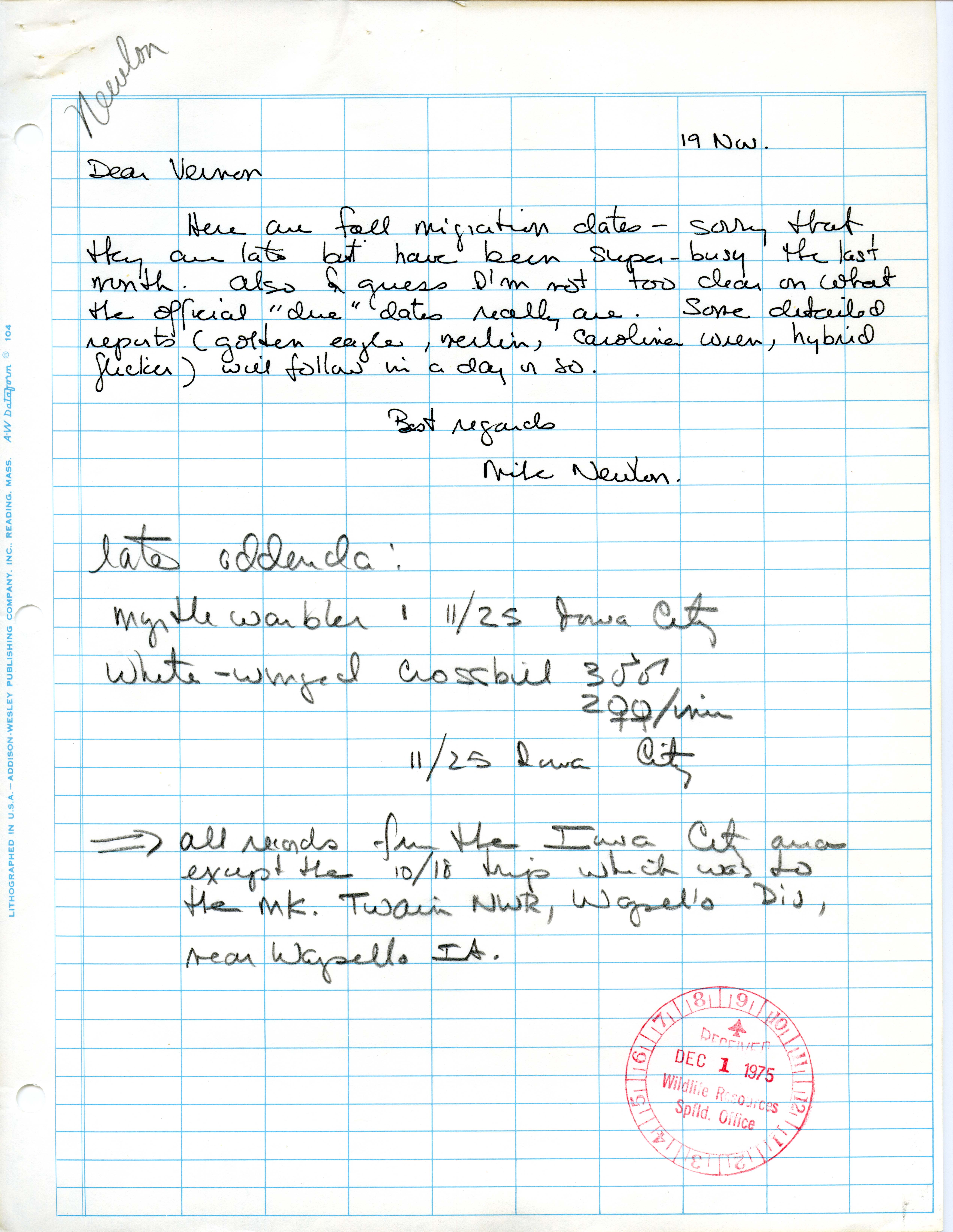 Michael C. Newlon letter and notes to Vernon M. Kleen regarding fall migration, November 19, 1975