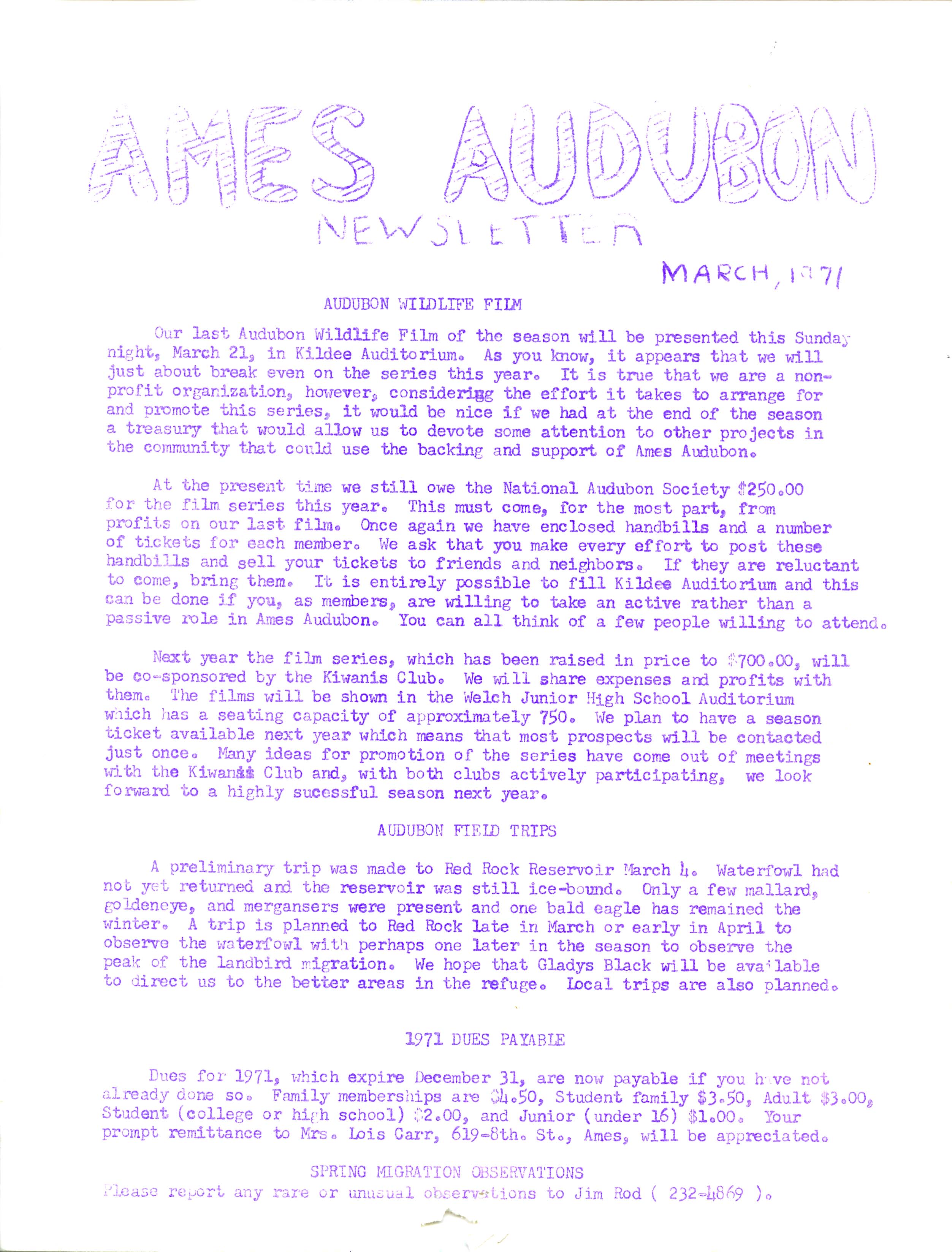 Ames Audubon Newsletter, March 1971