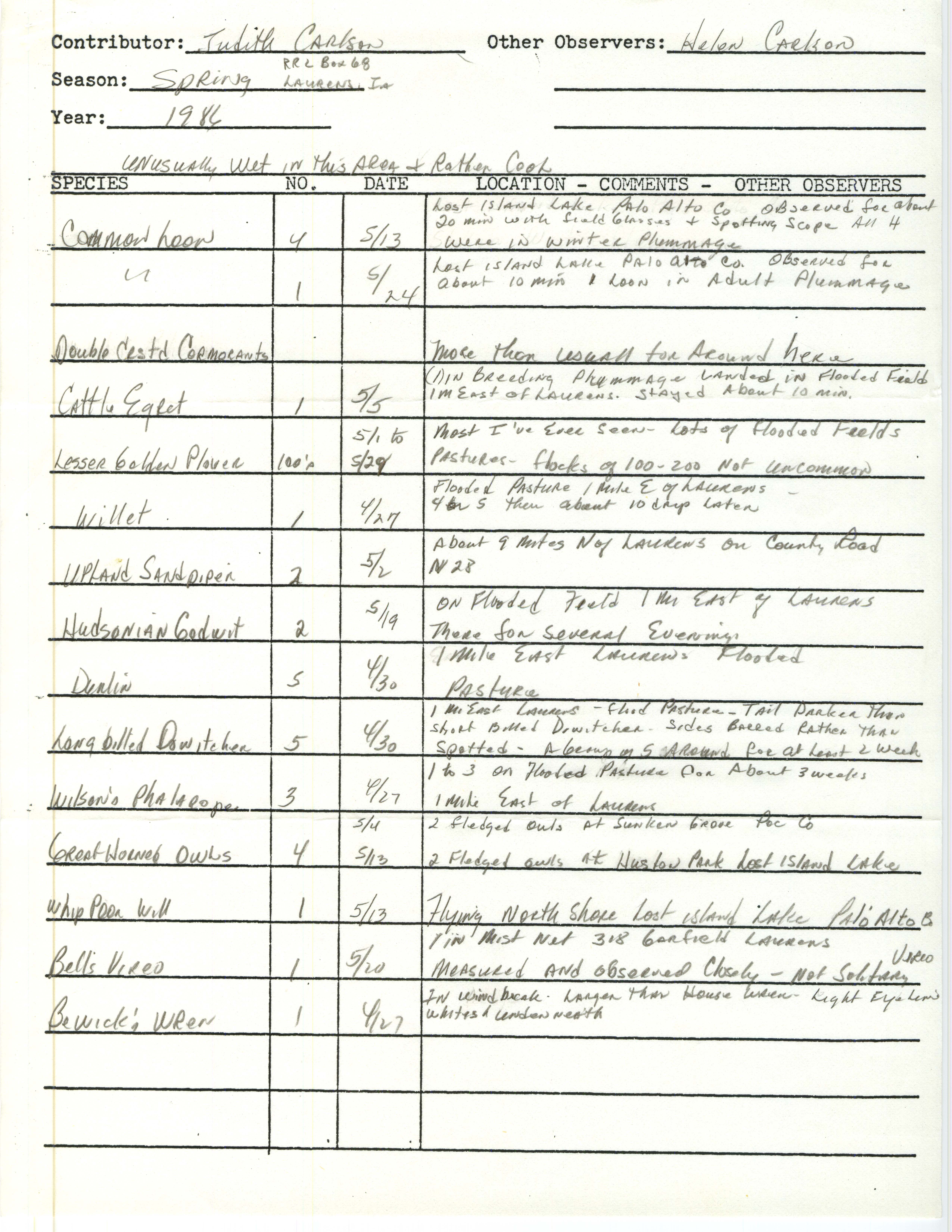 Annotated bird sighting list for Spring 1986 compiled by Judith Carlson