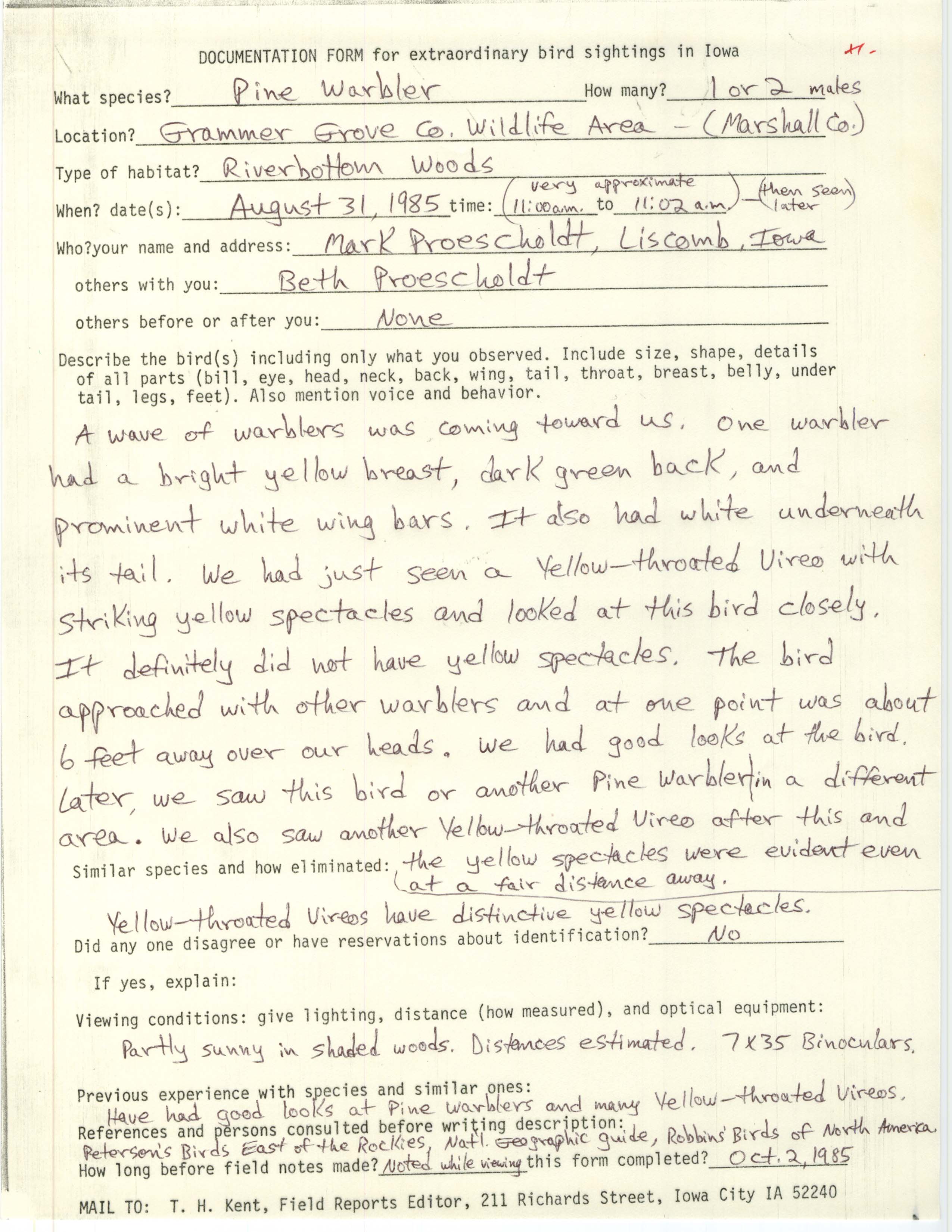Rare bird documentation form for Pine Warbler at Grammer Grove County Wildlife Area, 1985