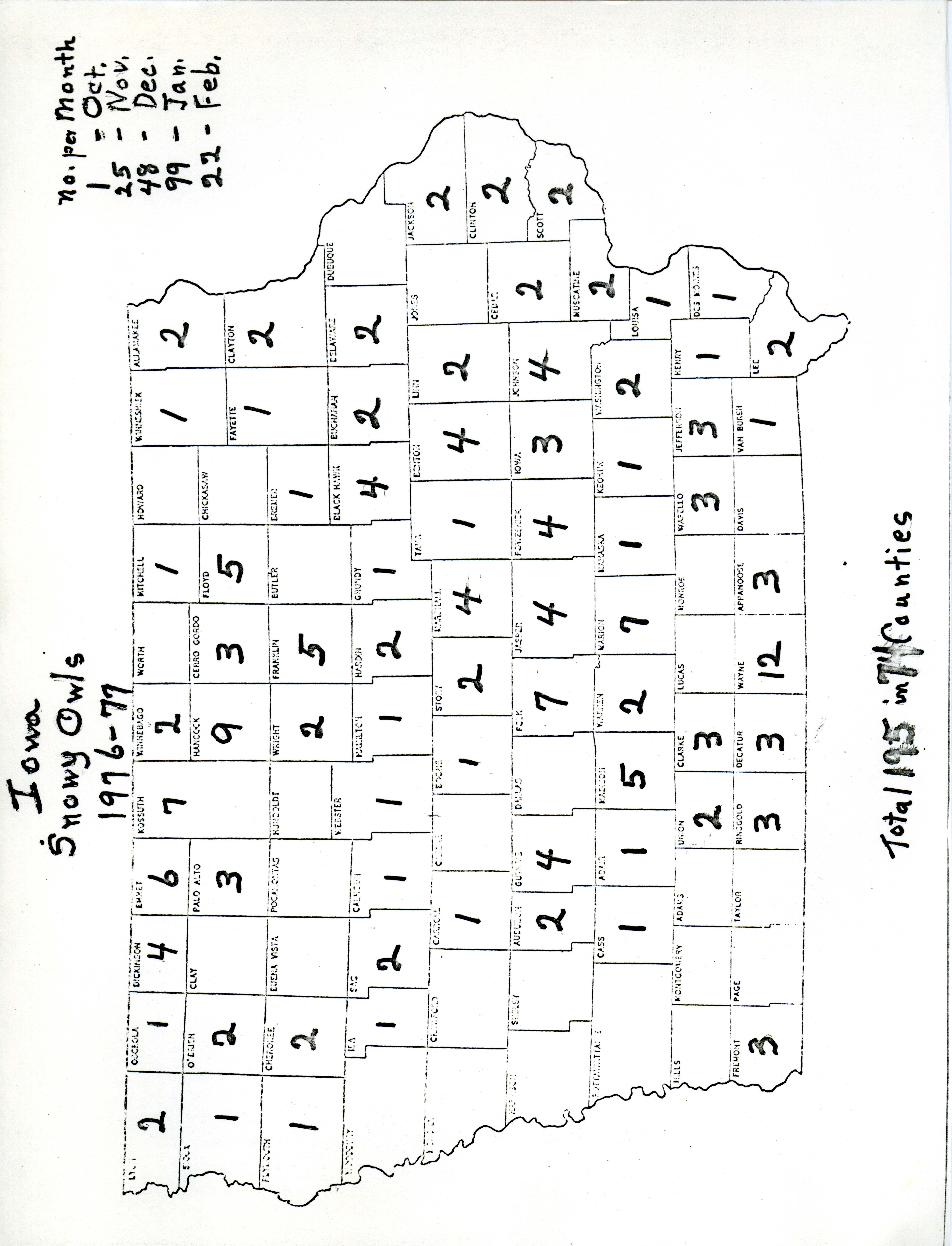 Iowa map with Snowy Owl sightings, 1976-1977