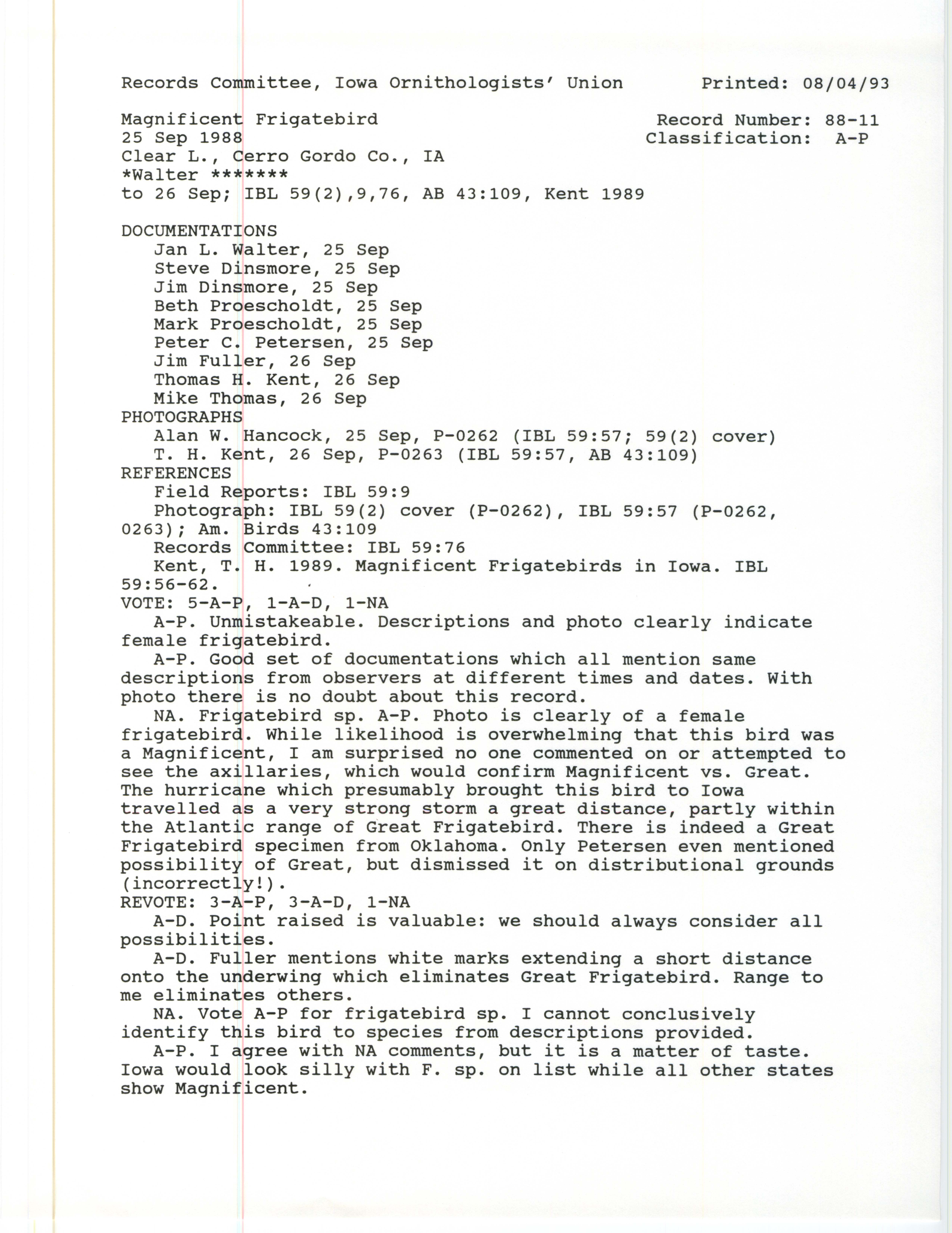 Records Committee review for bird sighting of Magnificent Frigatebird at Clear Lake, 1988
