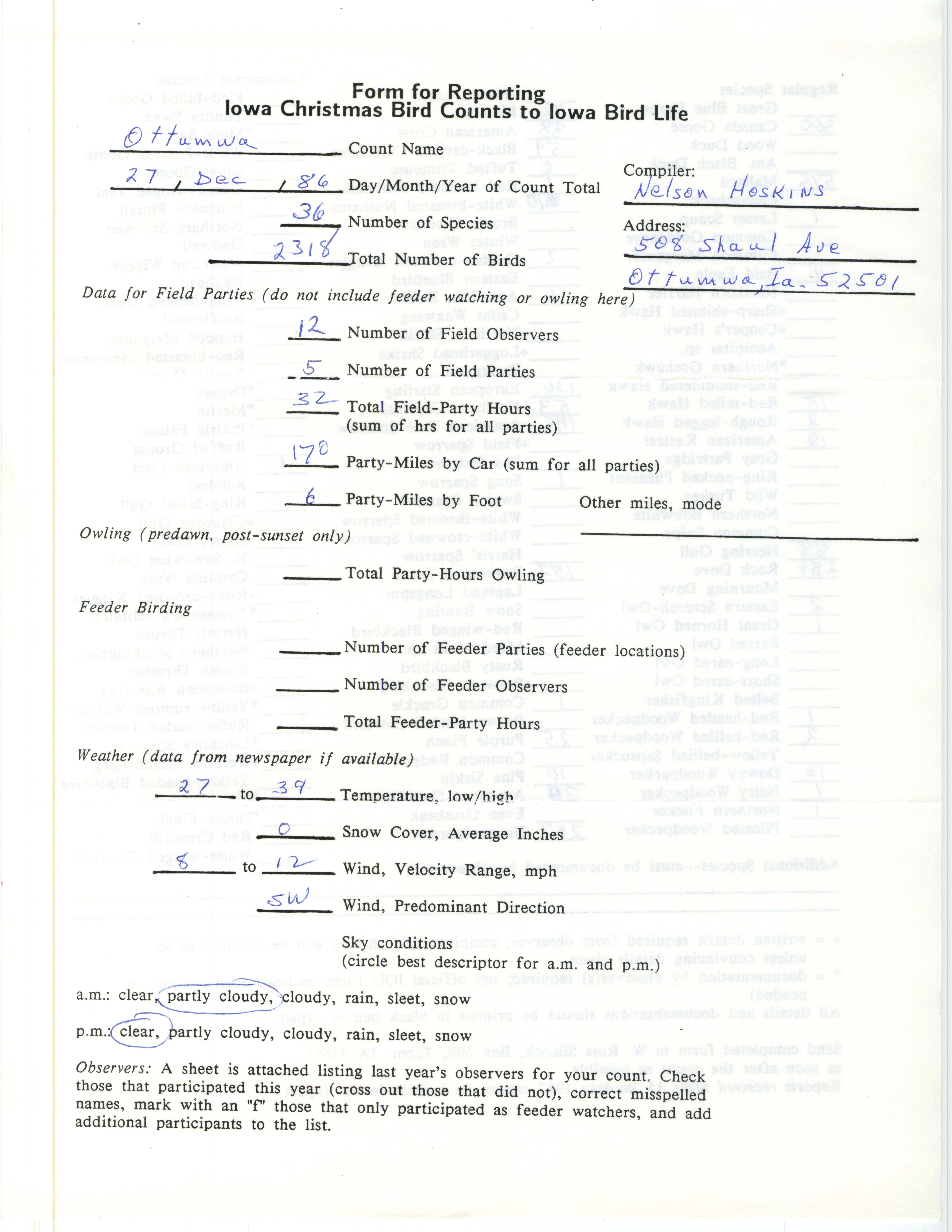 Form for reporting Iowa Christmas bird counts to Iowa Bird Life, Nelson R. Hoskins, December 27, 1986