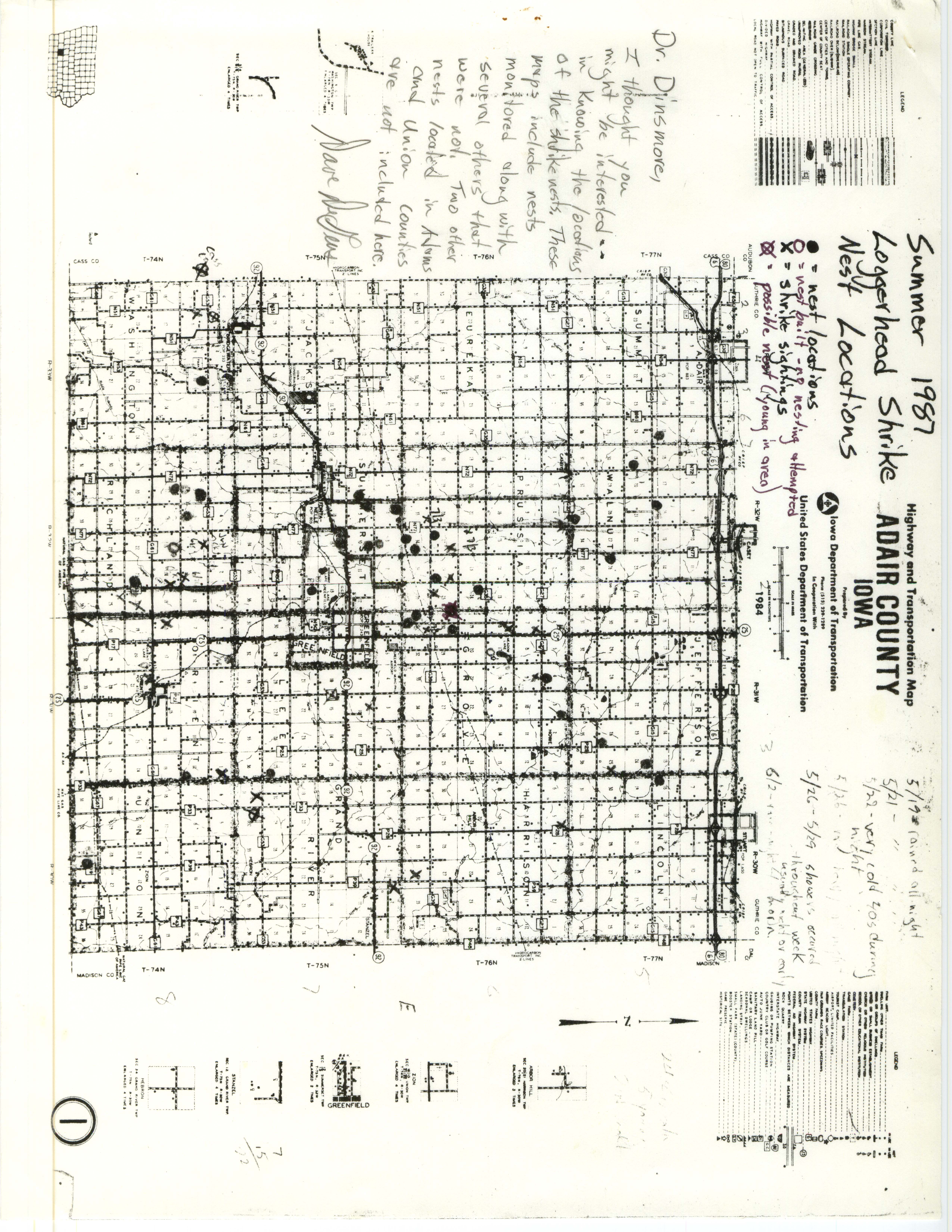 Maps of Adair County and Ringgold County with Loggerhead Shrike nest locations observed by David DeGeus, summer 1987