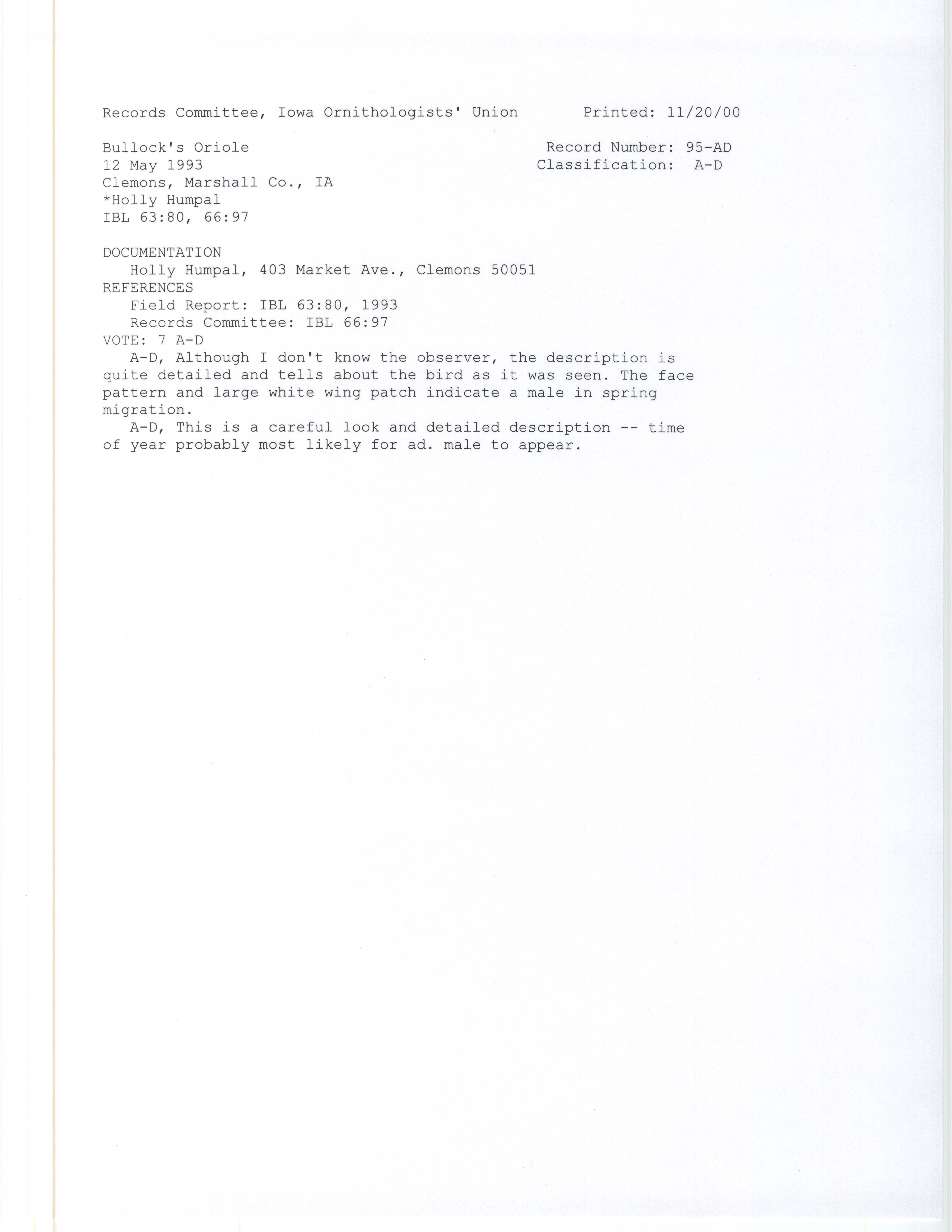 Records Committee review for rare bird sighting for Bullock's Oriole at Clemons, 1993