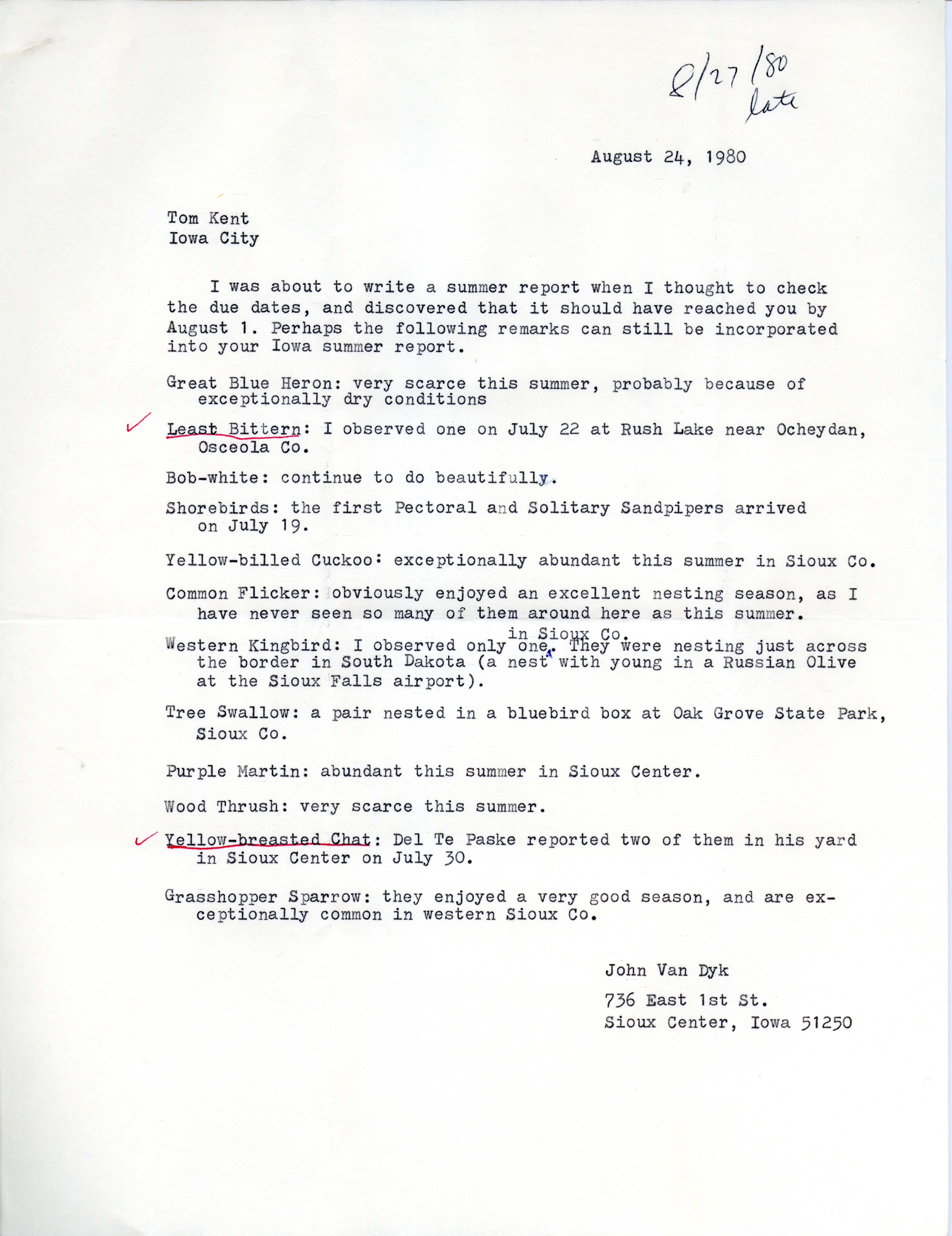 John Van Dyk letter to Thomas H. Kent regarding bird sightings, August 24, 1980