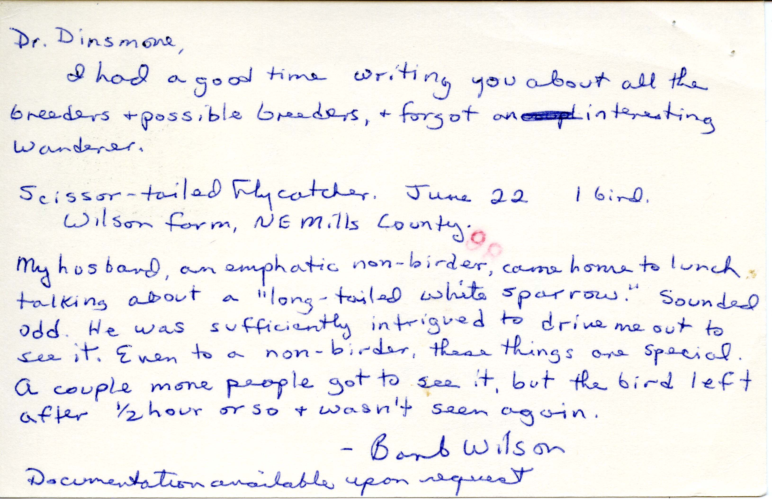 Barbara L. Wilson postcard to James J. Dinsmore regarding sighting a Scissor-tailed Flycatcher, June 22, 1984