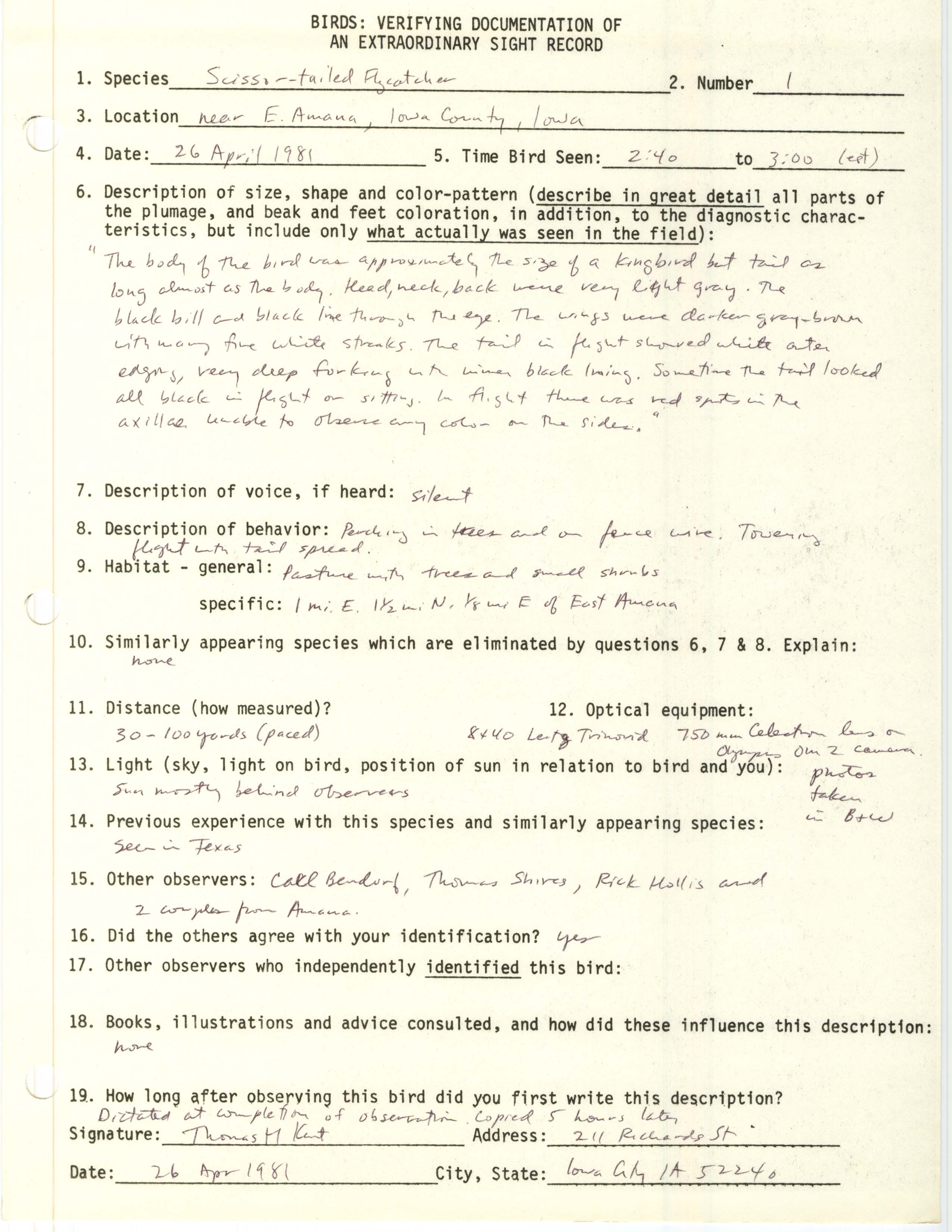 Rare bird documentation form for Scissor-tailed Flycatcher near East Amana, 1981