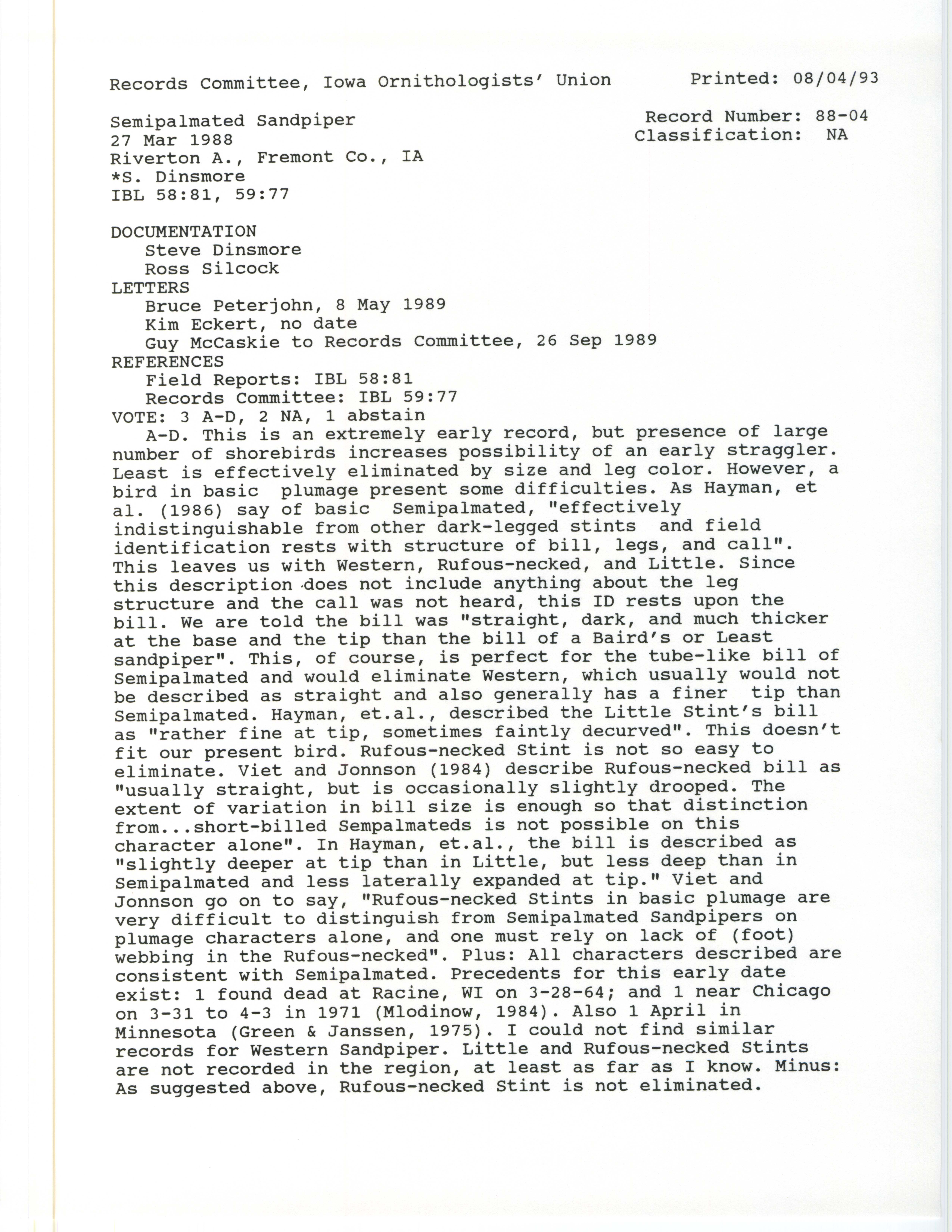 Records Committee review for rare bird sighting of Semipalmated Sandpiper at Riverton Wildlife Area, 1988