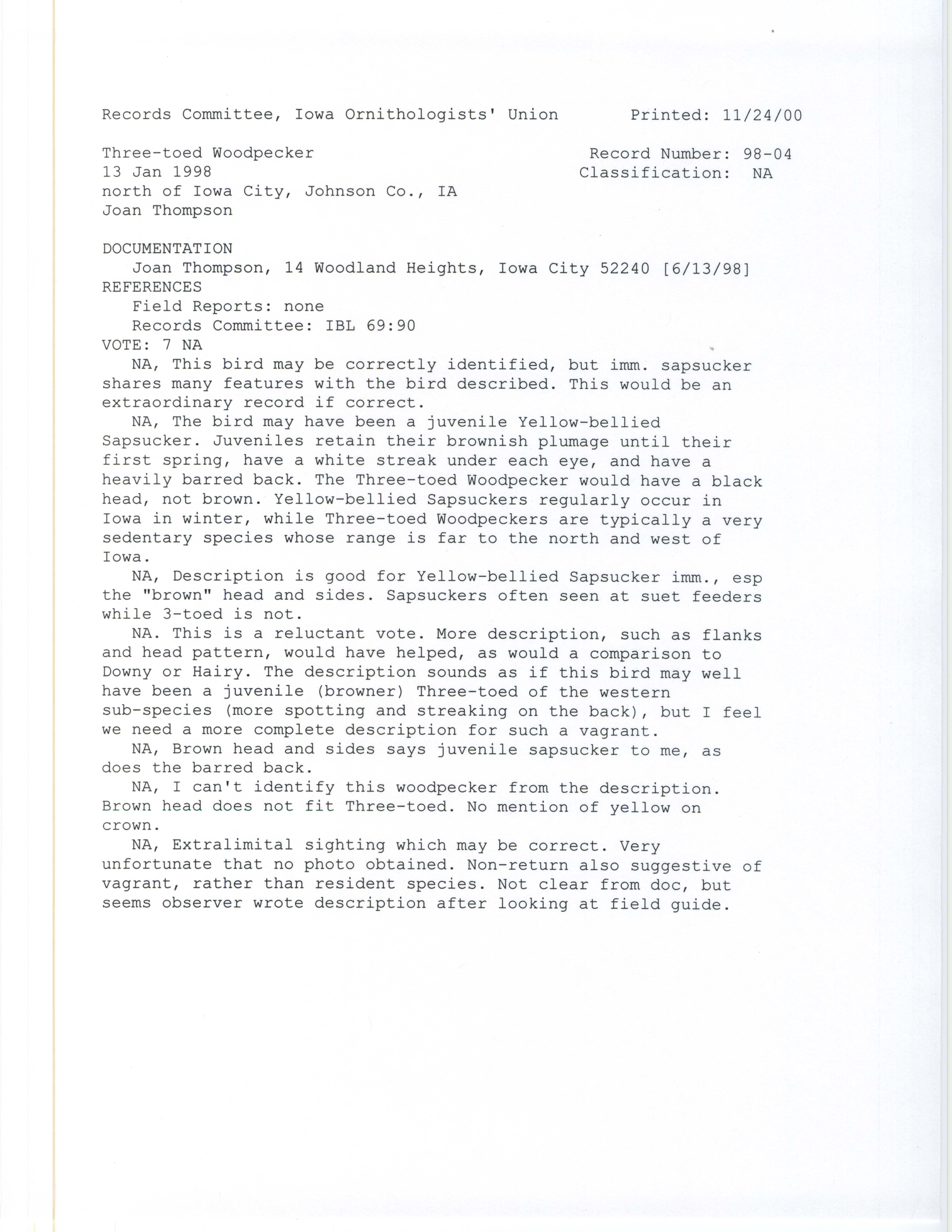 Records Committee review for rare bird sighting for Three-toed Woodpecker north of Iowa City, 1998