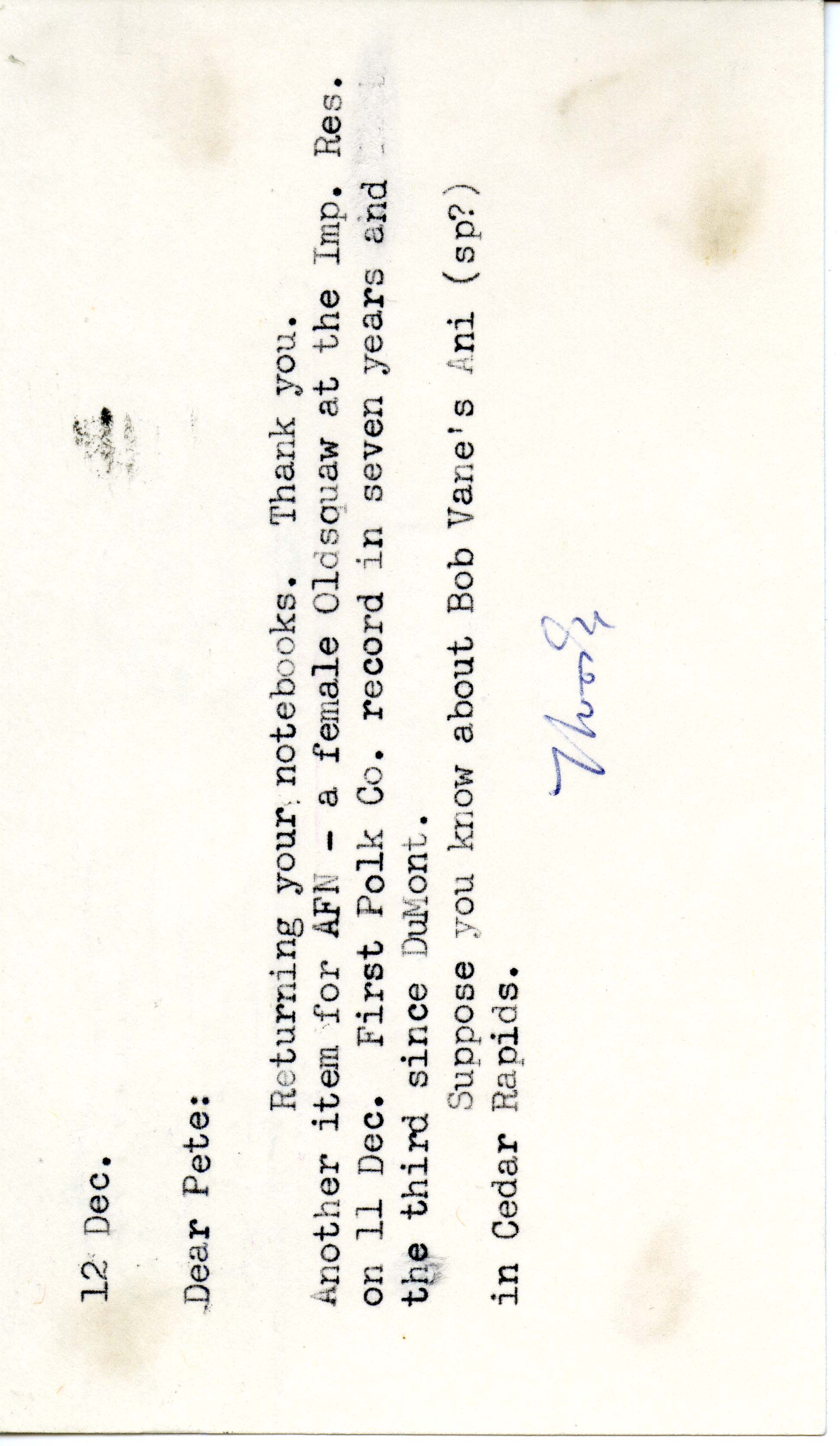 Woodward H. Brown postcard to Peter C. Petersen regarding the sighting of a female Oldsquaw and an Ani in Cedar Rapids, December 12, 1966