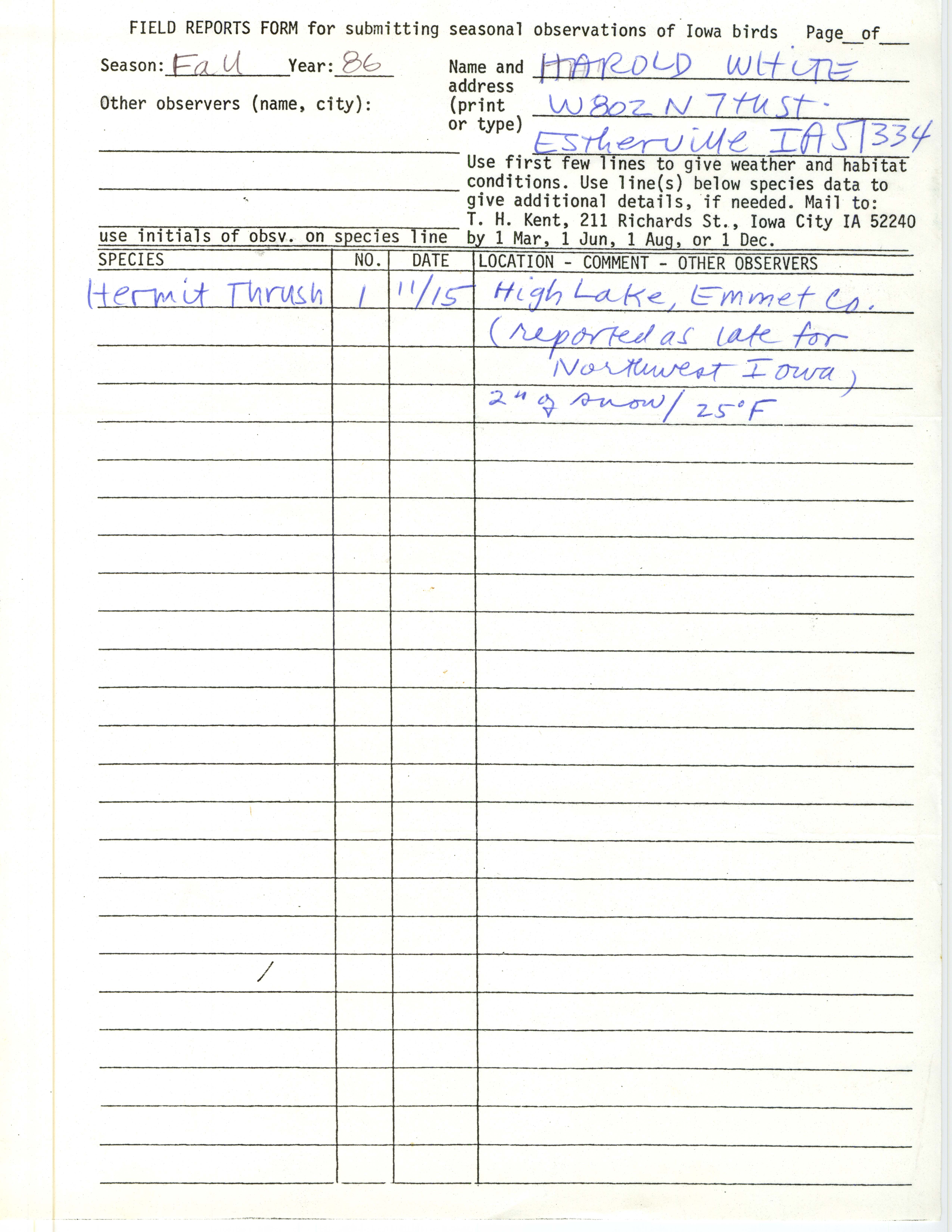 Field reports form for submitting seasonal observations of Iowa birds, Harold W. White, fall 1986